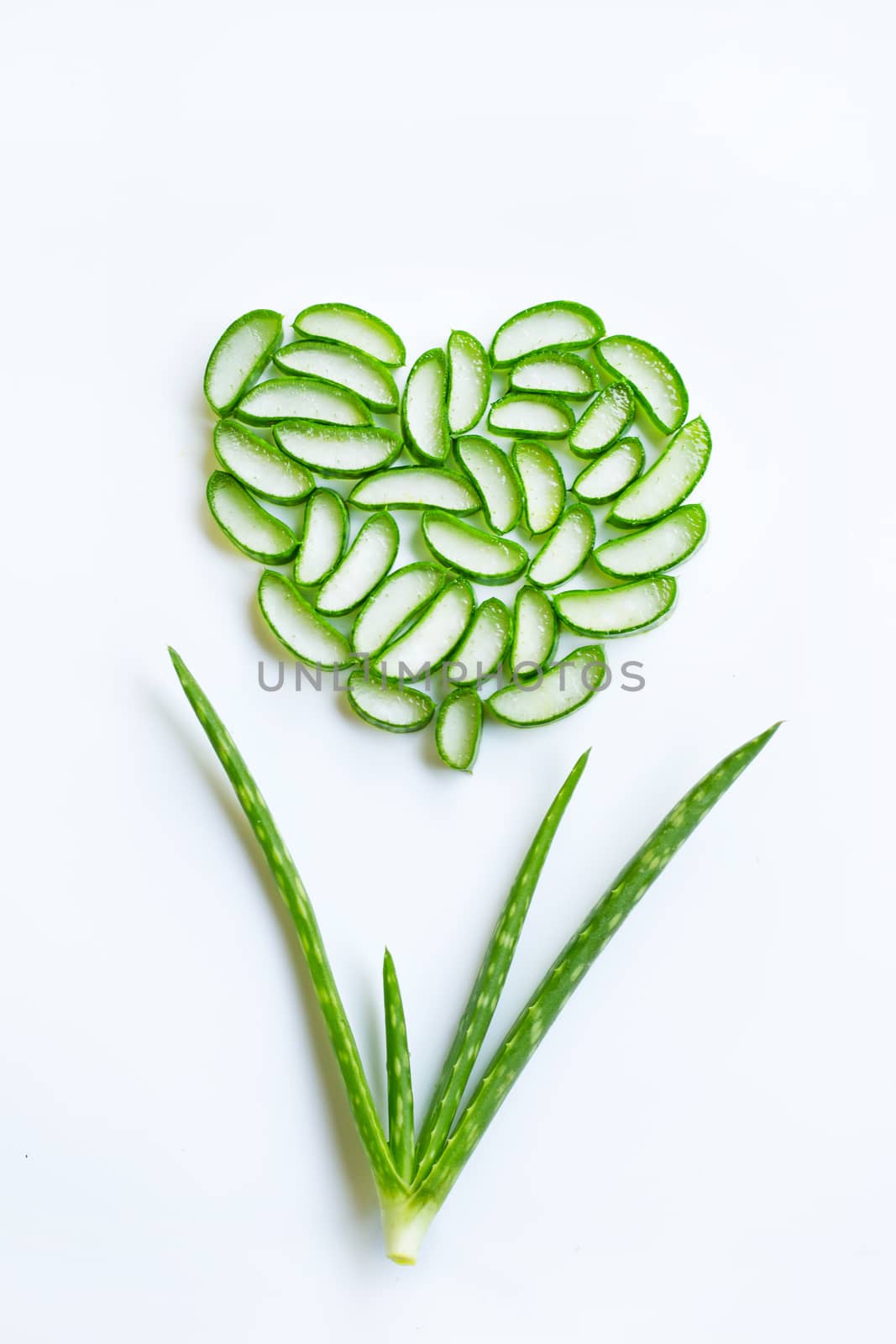 Aloe vera with slices heart shaped on white background by Bowonpat
