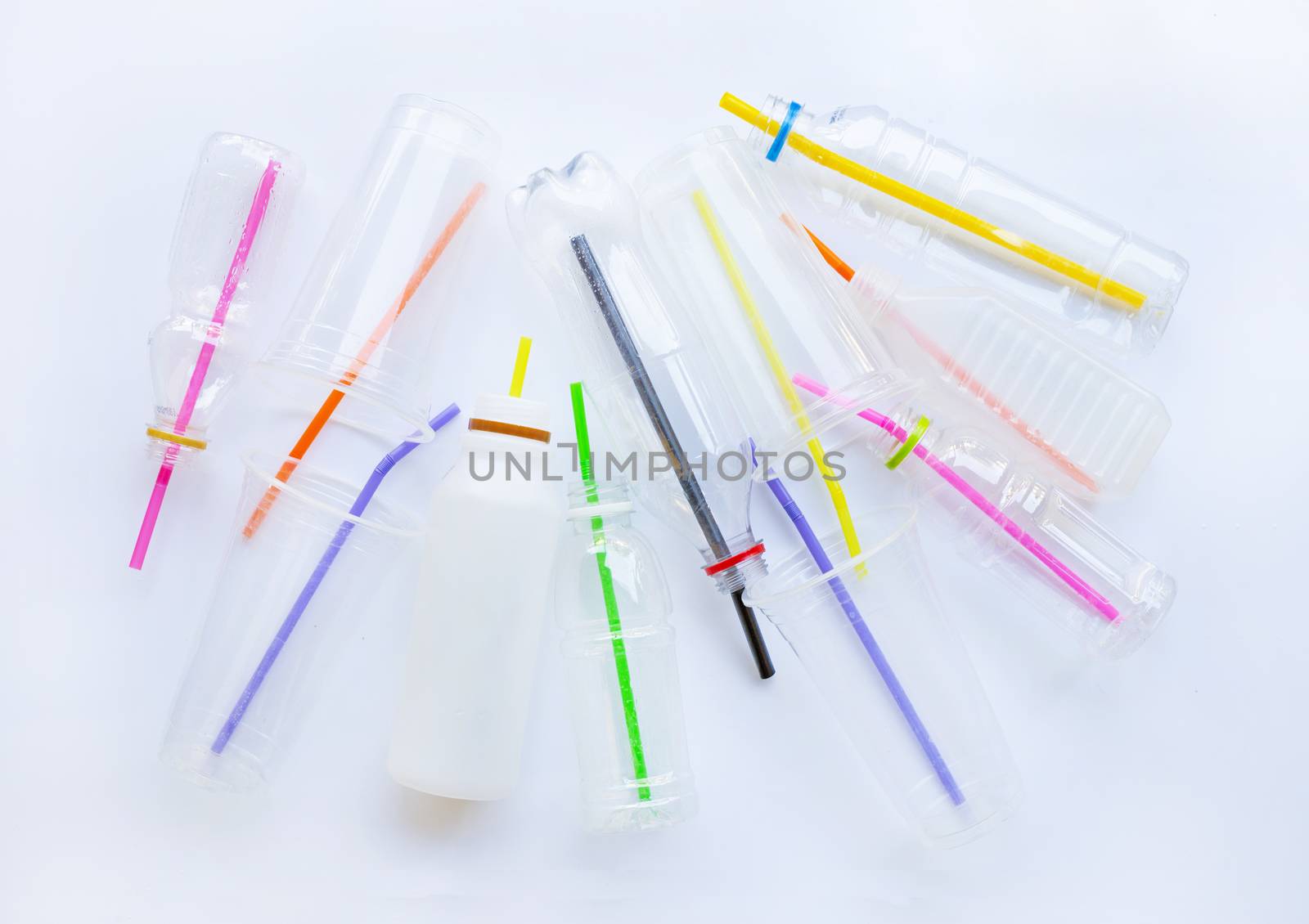 Plastic Waste Pollution, Plastic bottles, cups, straws for recycle