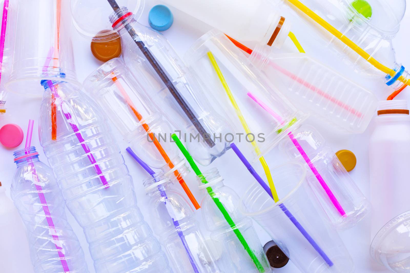 Plastic Waste Pollution, Plastic bottles, cups, straws for recycle