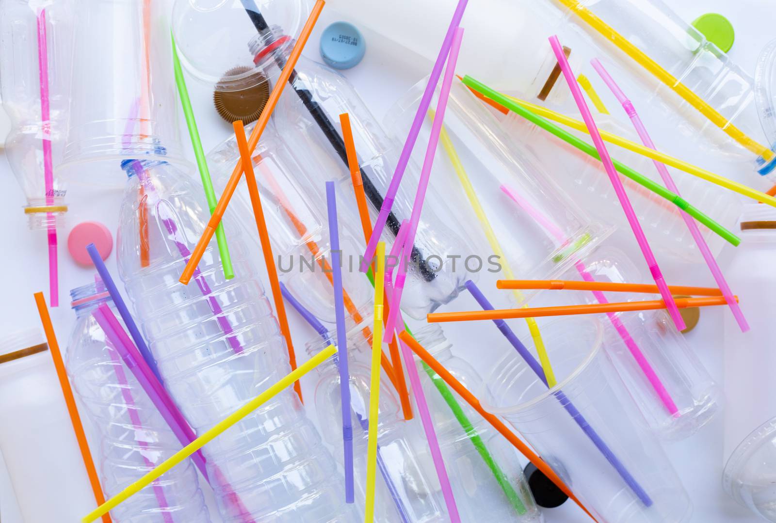 Plastic Waste Pollution, Plastic bottles, cups, straws for recycle
