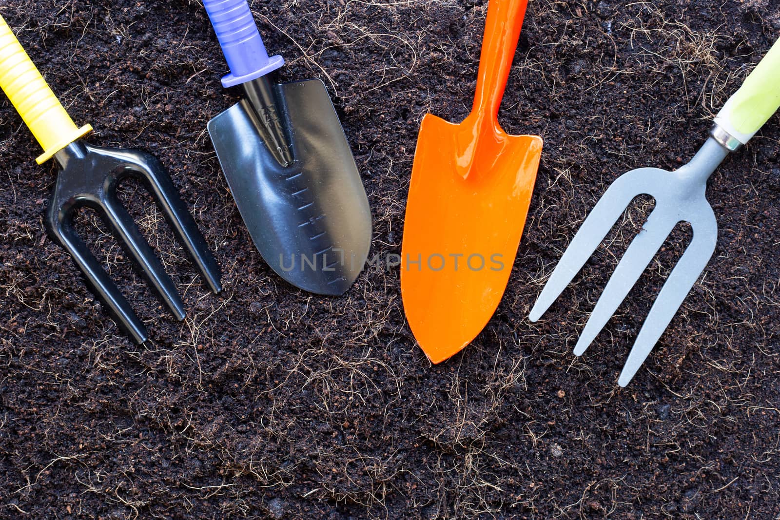 Garden shovel and fork on soil with coconut shell's hair for agriculture.