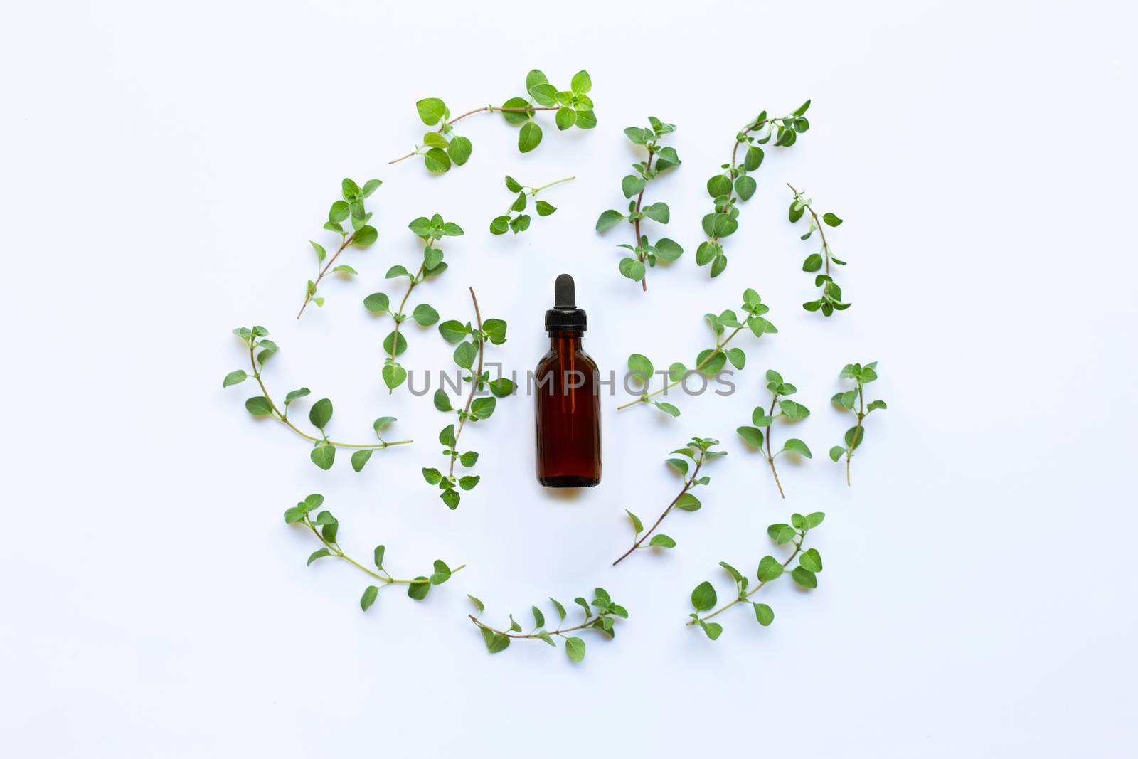 Top view. Bottle of essential oil with oregano on white background.