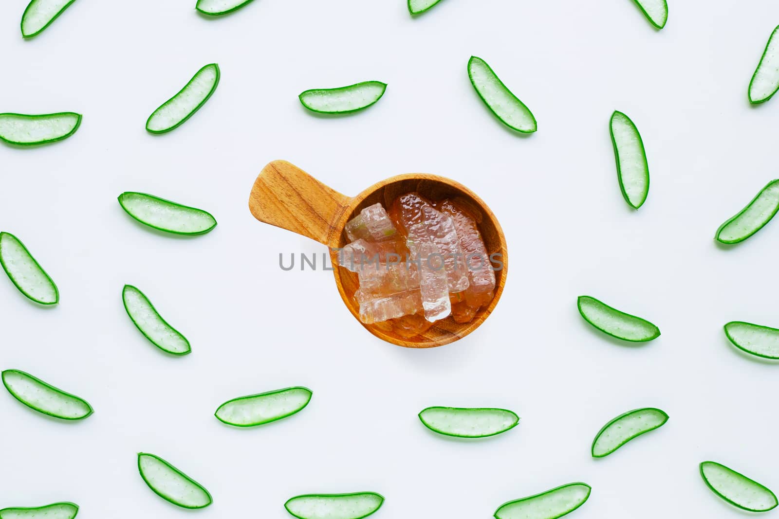 Aloe vera slices with gel on white background. 