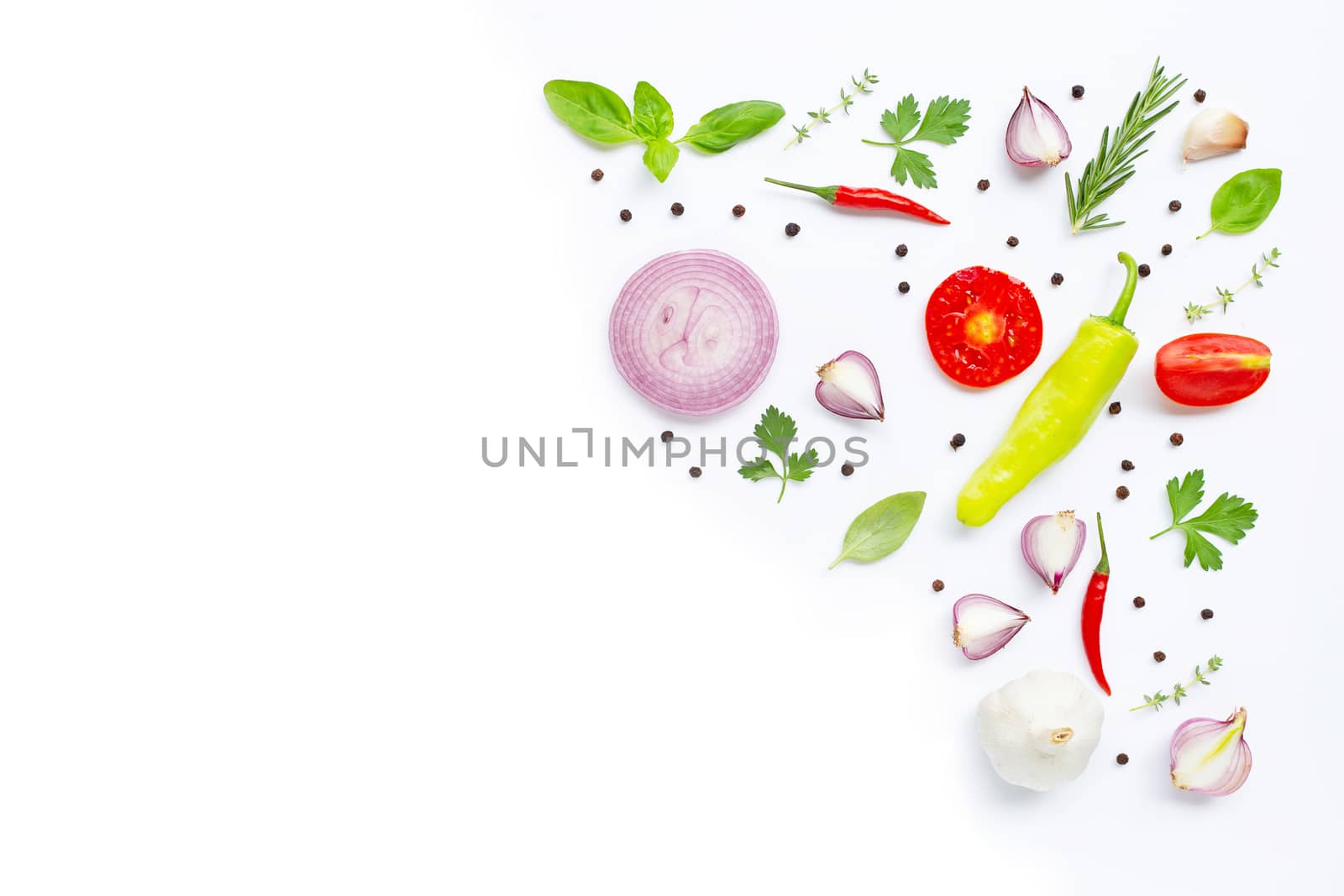 Various fresh vegetables and herbs on white. Healthy eating concept, Copy space