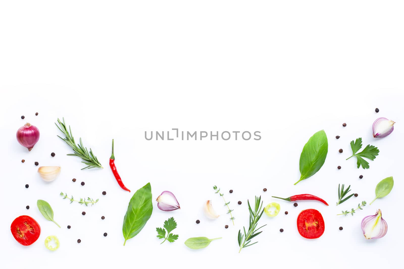 Various fresh vegetables and herbs on white background. Healthy eating concept