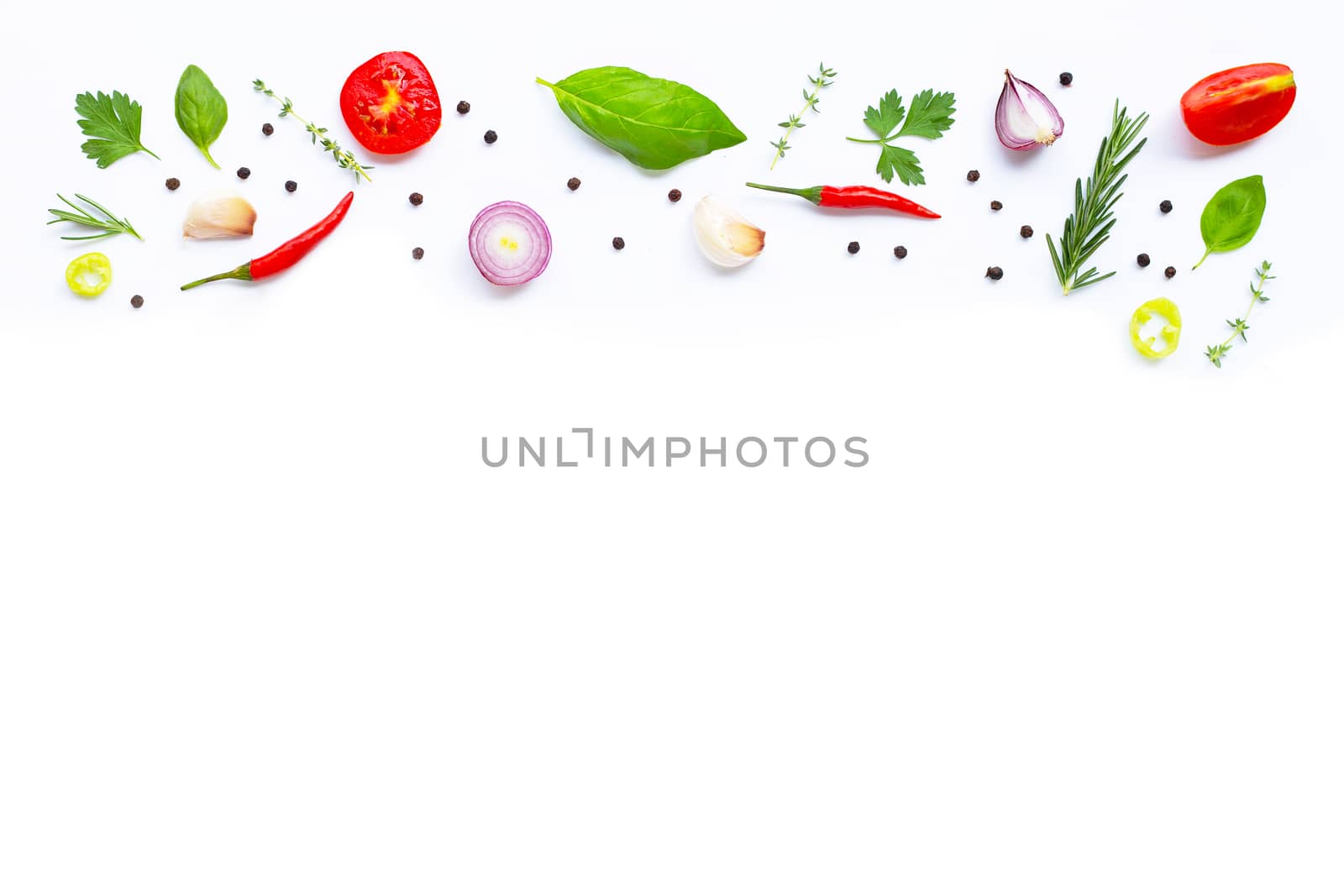 Various fresh vegetables and herbs on white. Healthy eating concept, Copy space