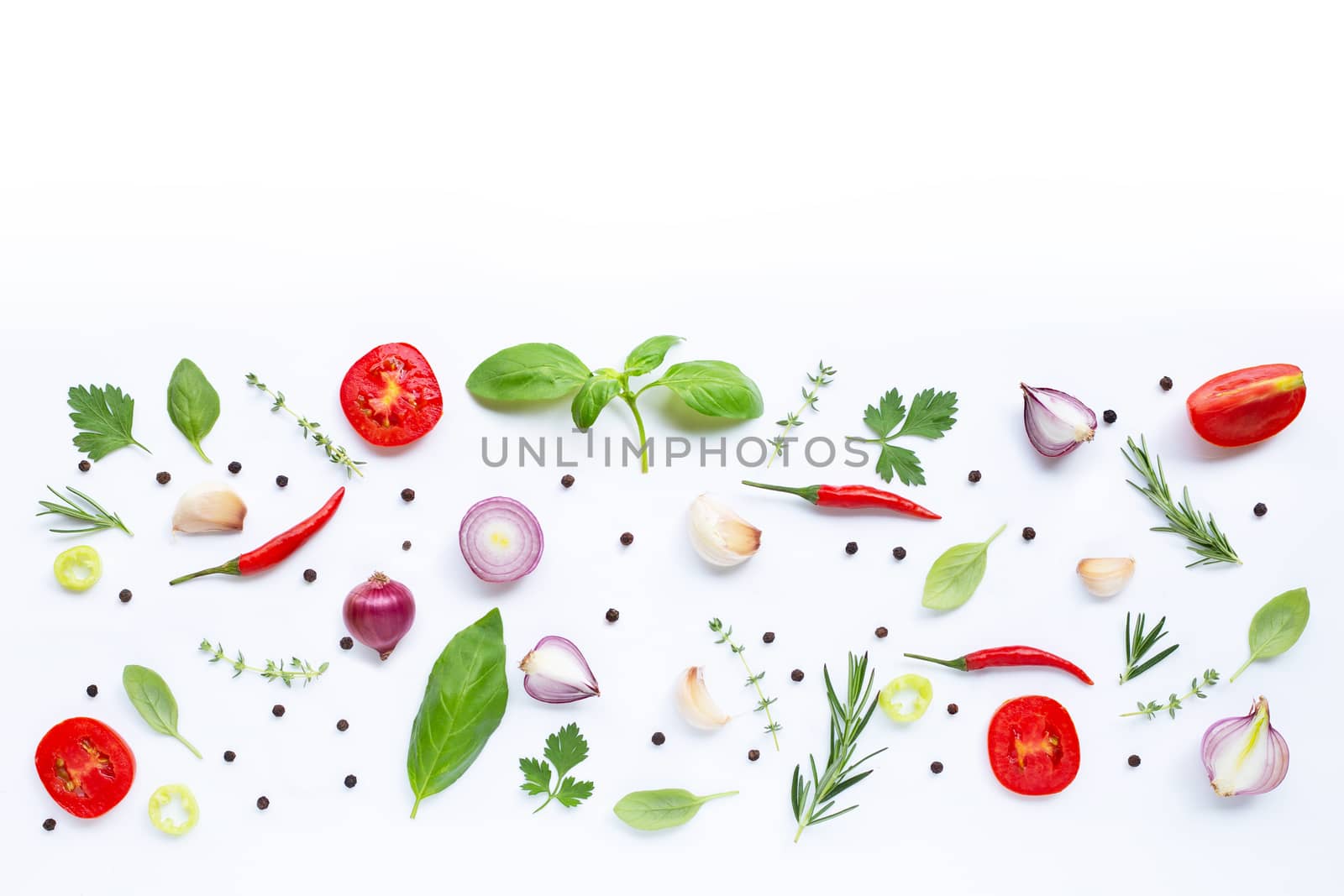 Various fresh vegetables and herbs on white background. Healthy eating concept