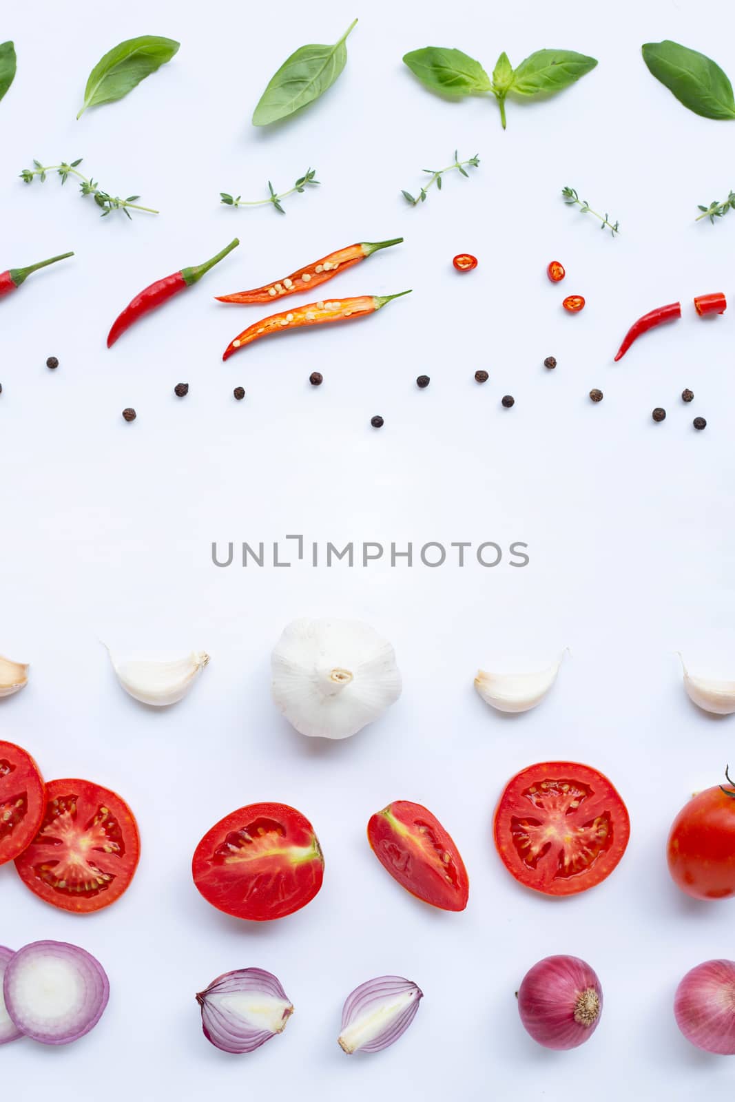 Various fresh vegetables and herbs on white background. Healthy  by Bowonpat
