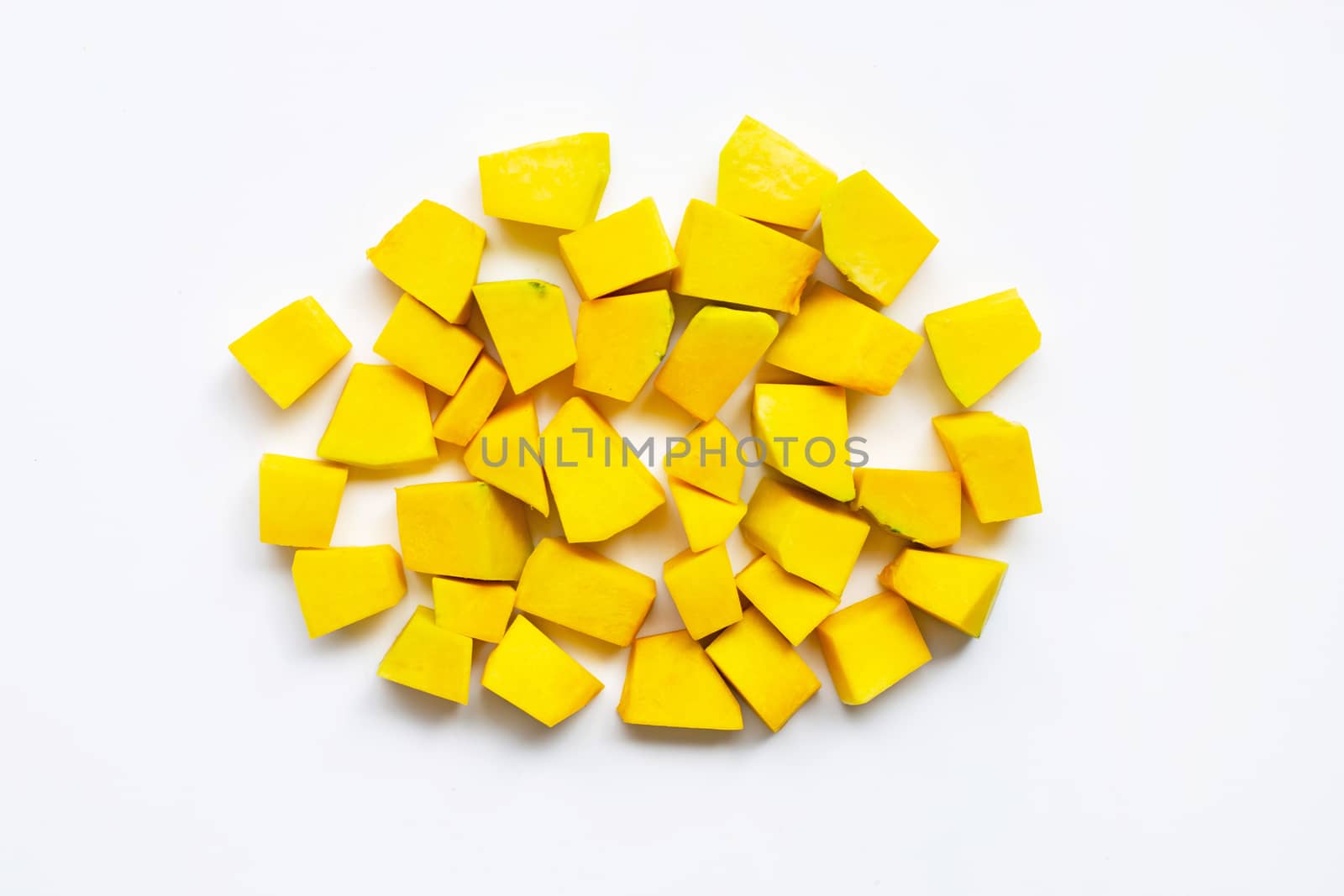 Green pumpkin pieces cut on white background