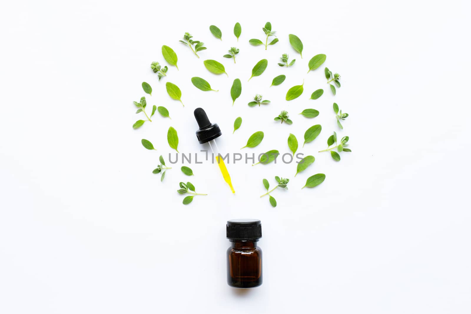 Top view. Bottle of essential oil with marjoram on white background