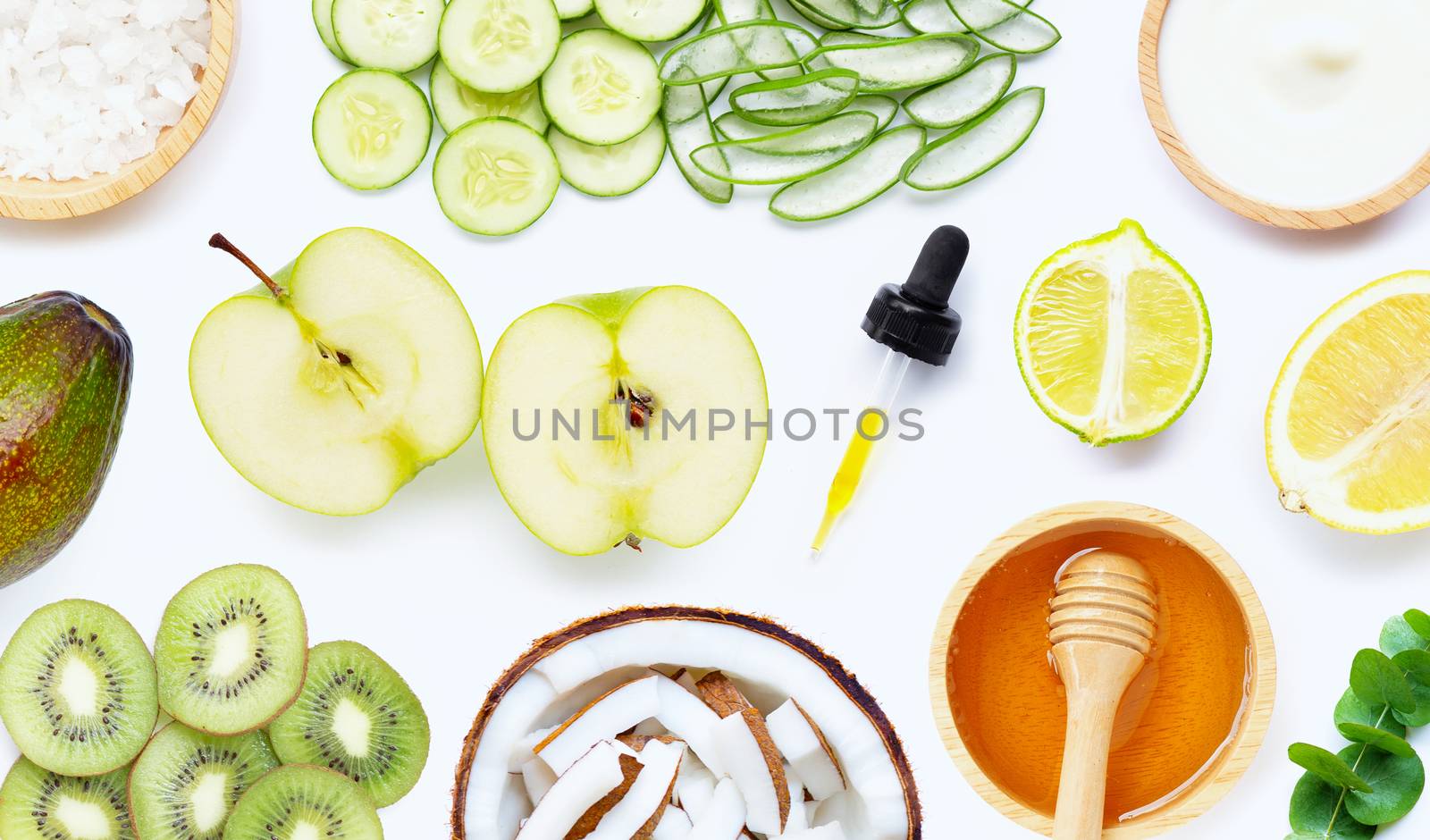 Natural ingredients for homemade skin care on white background. Copy space