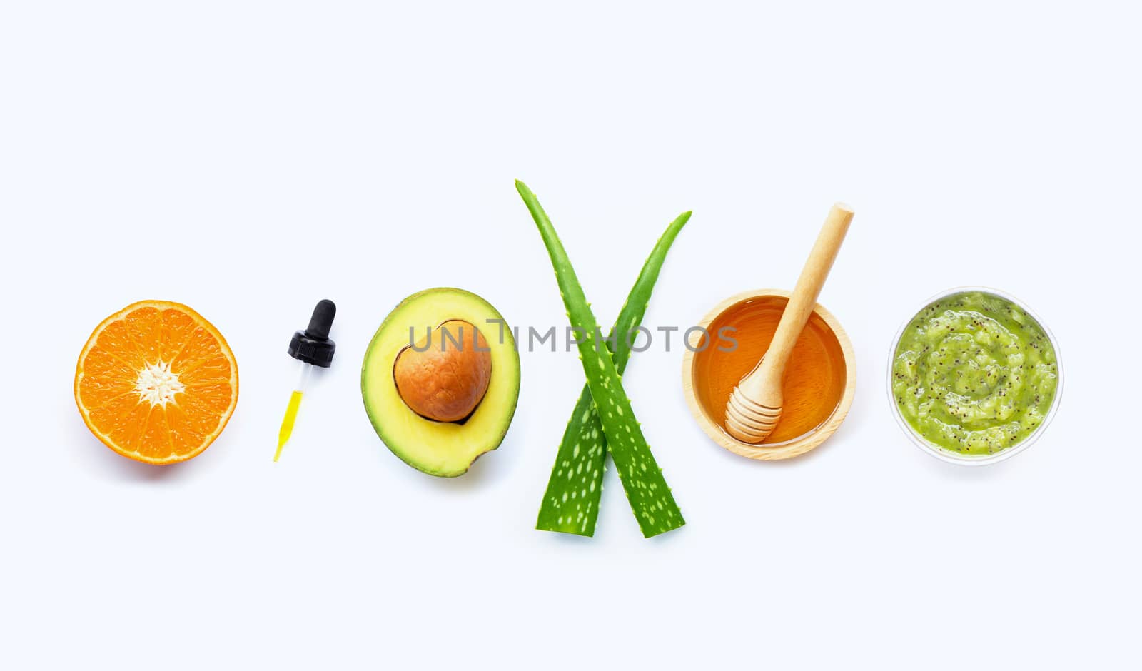 Natural  ingredients for homemade skin care and scrub on white background.