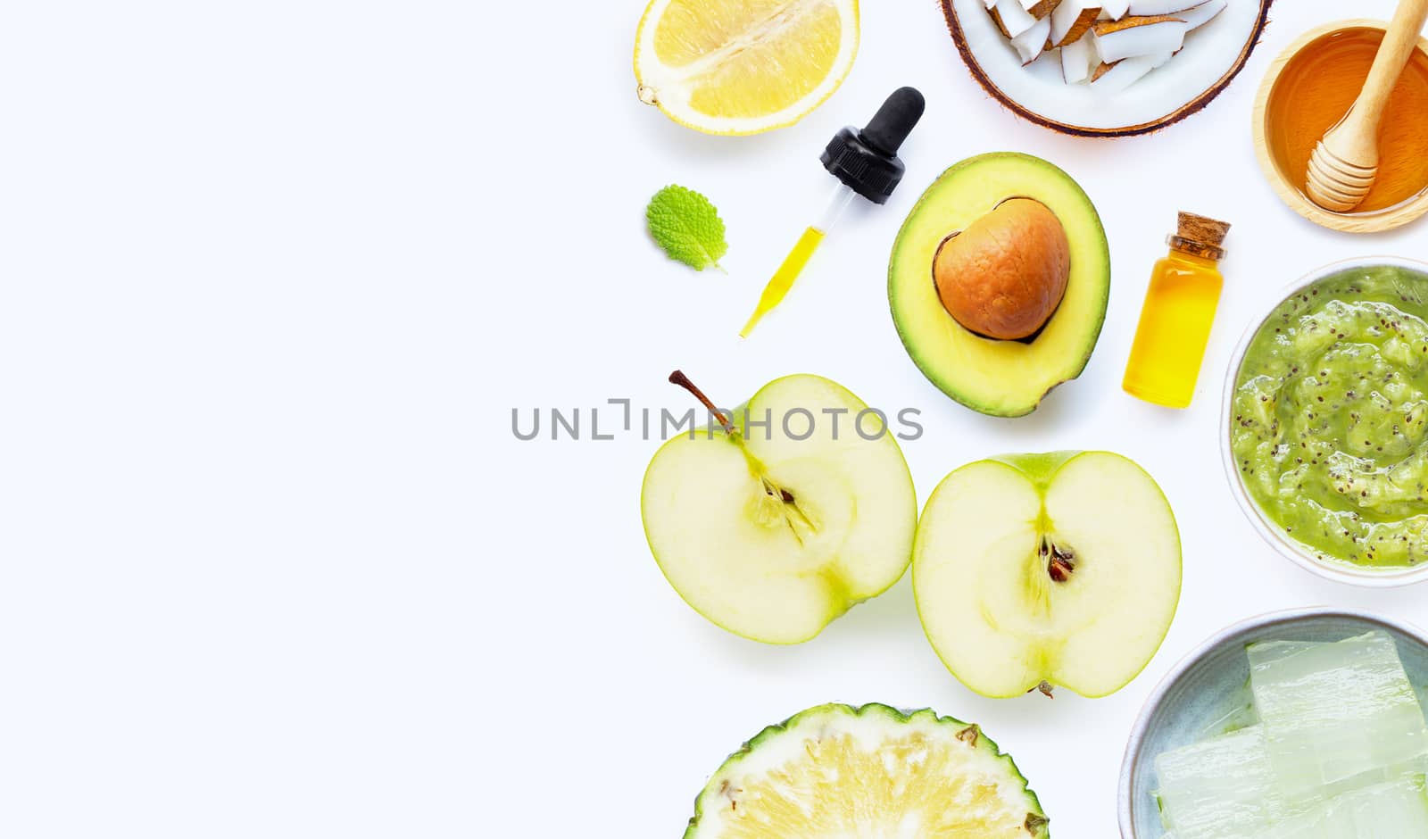 Natural  ingredients for homemade skin care and scrub on white background.