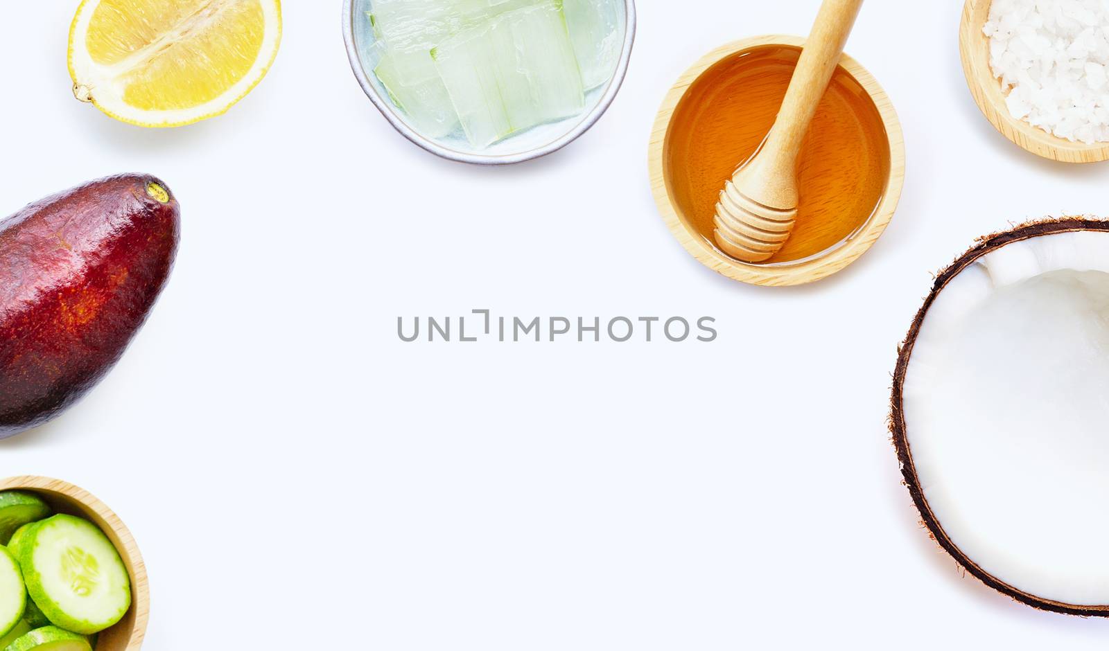Natural ingredients for homemade skin care on white background. 