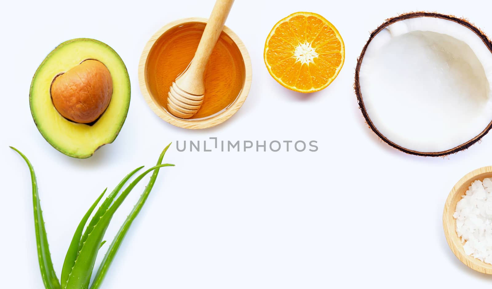 Natural ingredients for homemade skin care on white background. 