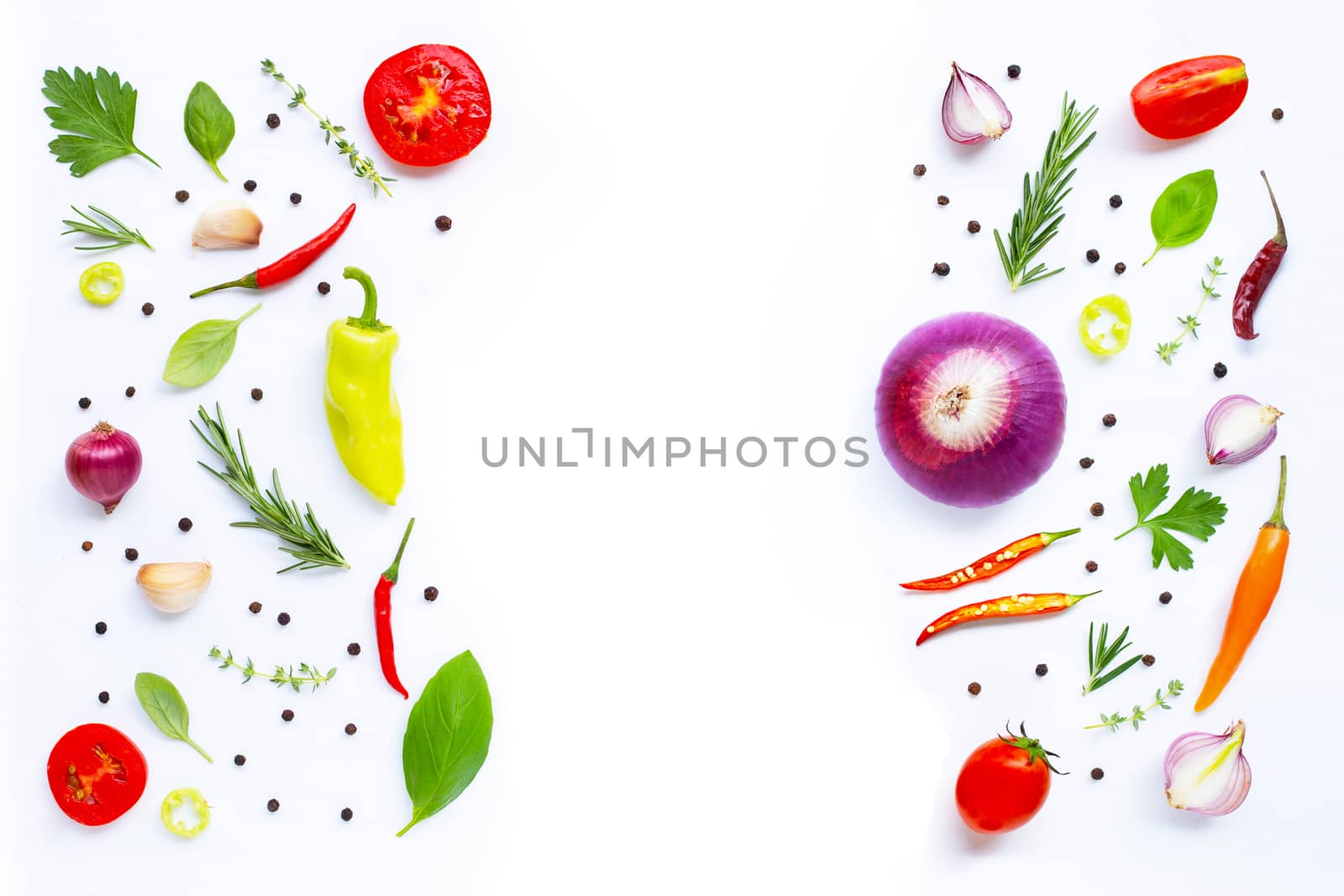 Various fresh vegetables and herbs on white background. Copy space