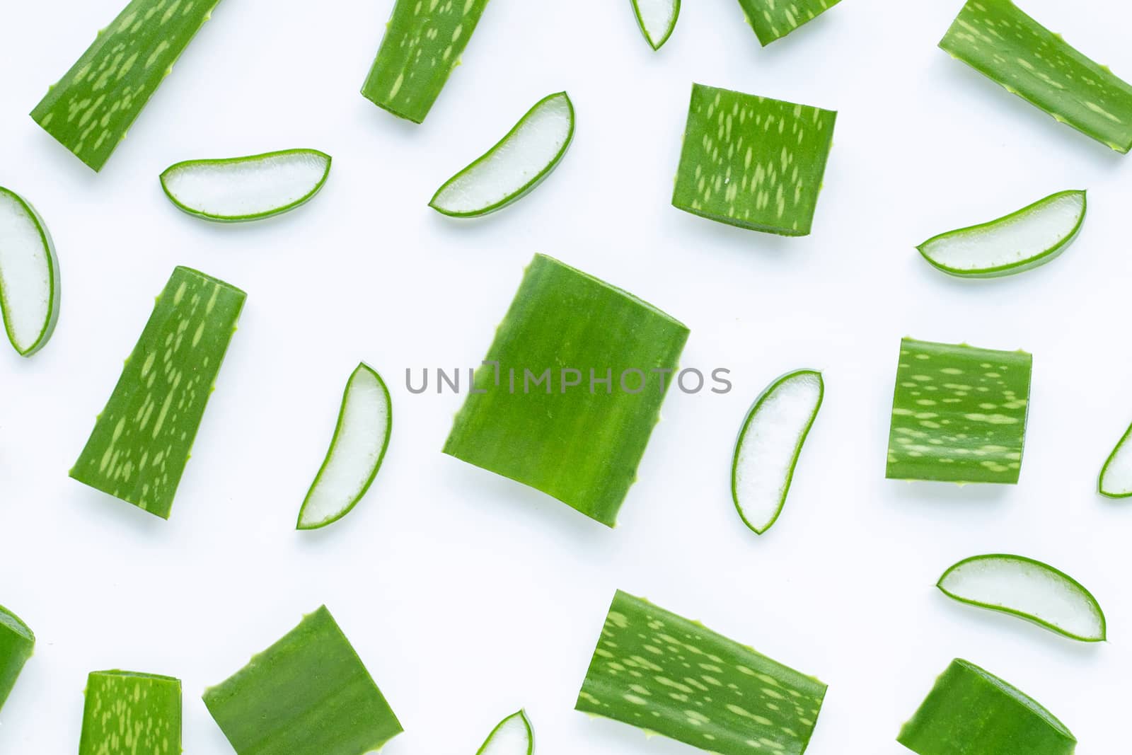 Aloe vera is a popular medicinal plant for health and beauty, white background.