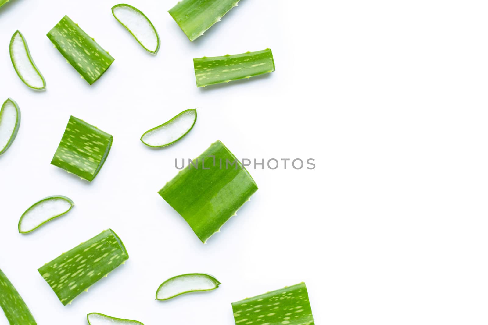 Aloe vera is a popular medicinal plant for health and beauty, white background.