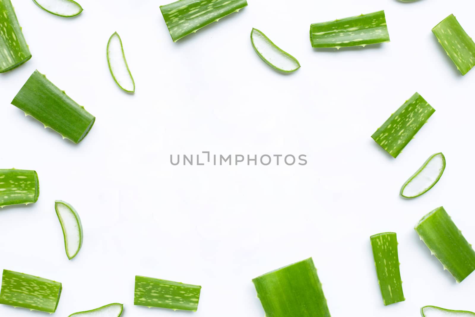 Frame made of aloe vera on white background. Copy space