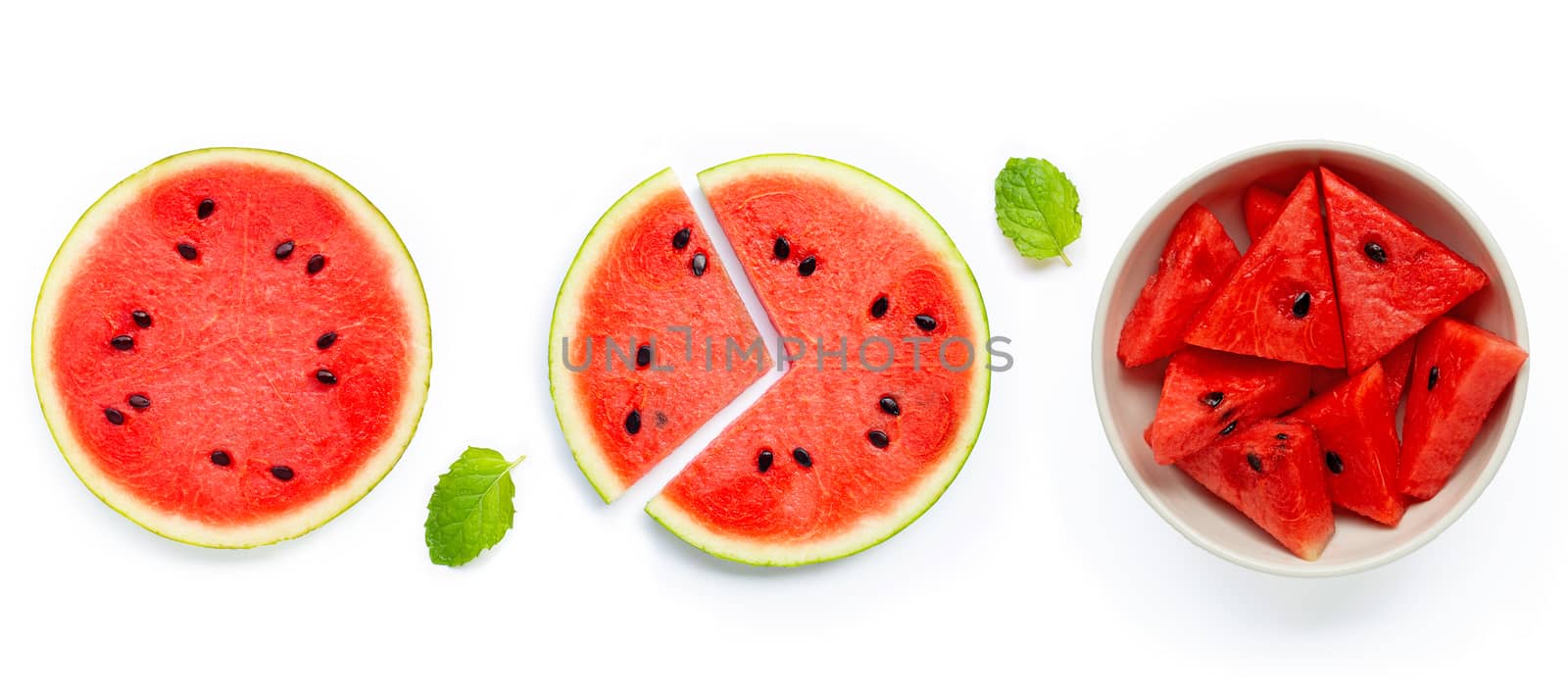 Slices of watermelon isolated on white background. by Bowonpat