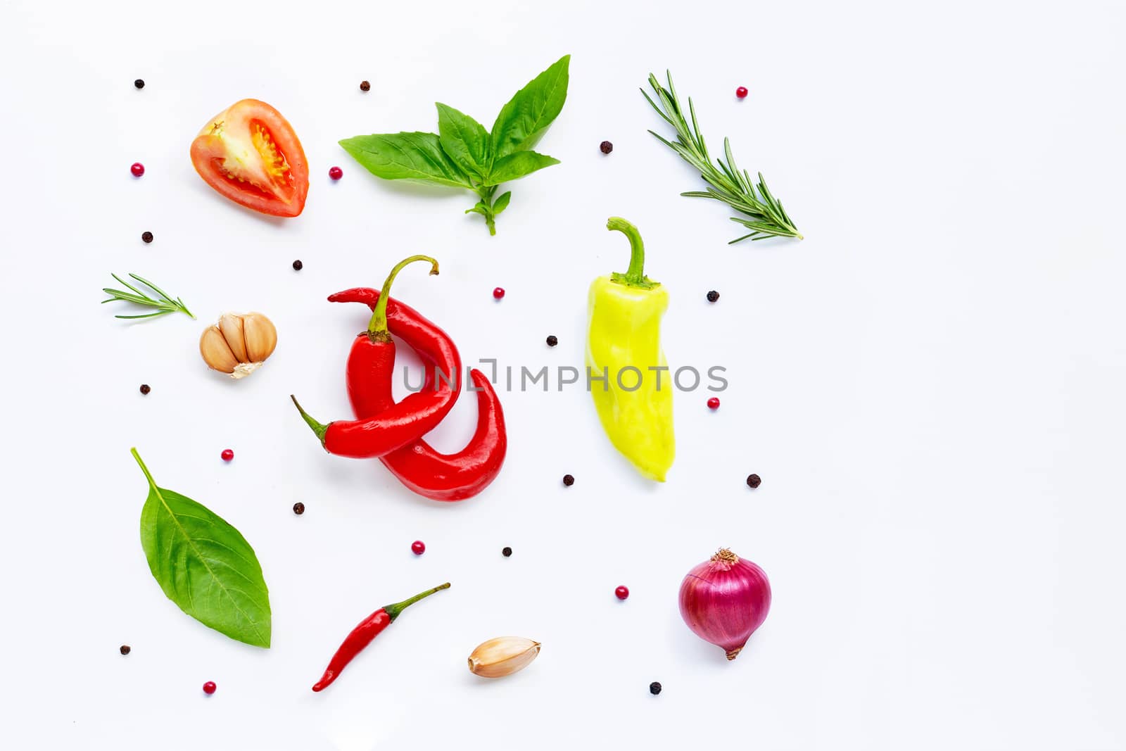 Various fresh vegetables and herbs on white background. Food and cooking ingredients, Healthy eating concept