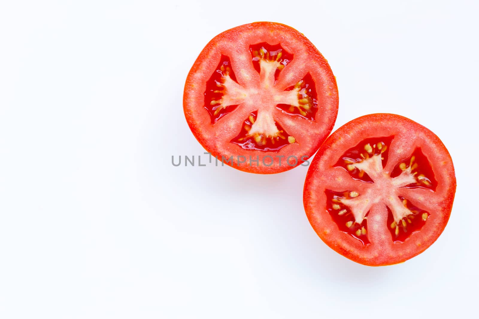Fresh tomatoes on white background. Copy space
