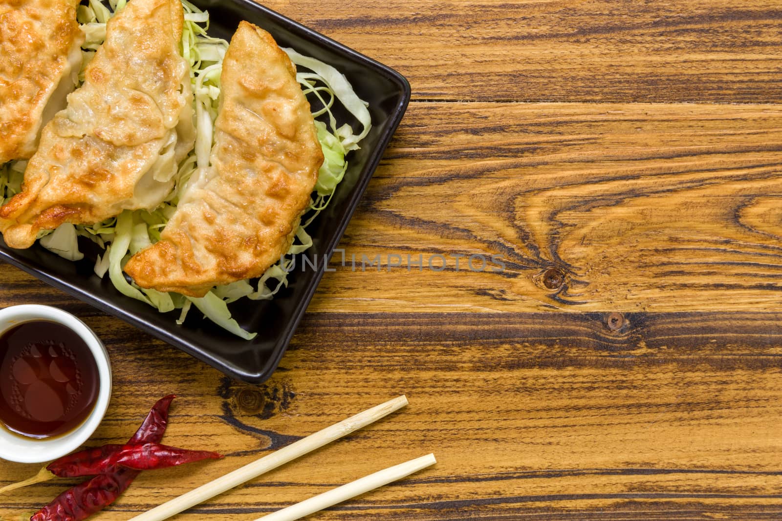 Gyoza, traditional pork dumpling, eaten with soy sauce popular in Japan and China.