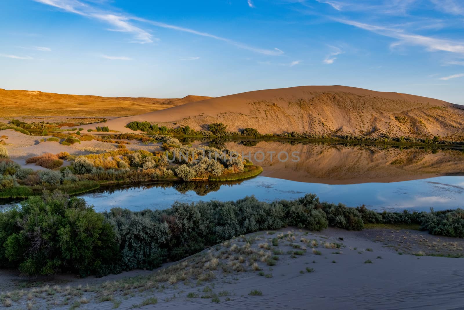 Desert oasis of water with vegetation along with blue sky and clouds at Bruneau Dunes, Idaho.