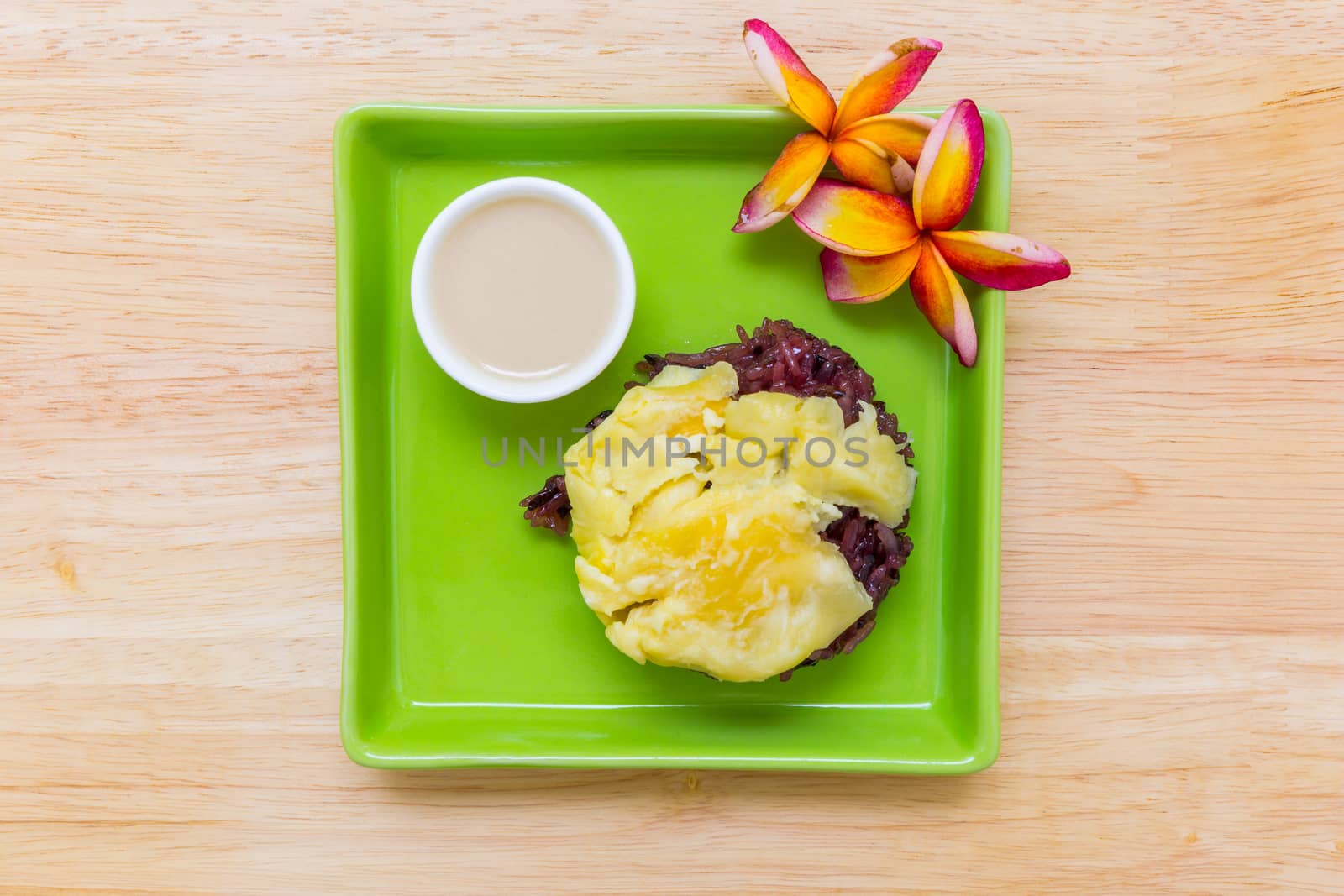 Durian with sticky rice is famous traditional Thai dessert menu.