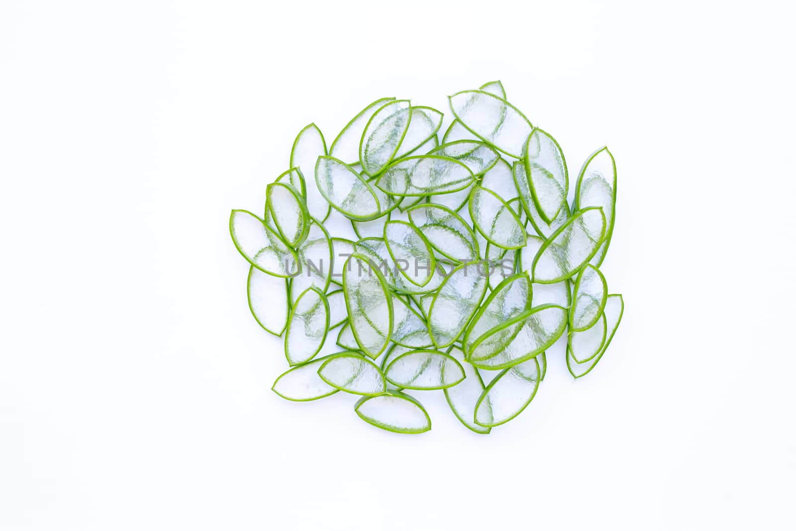 Aloe vera slices on a white background. Top view