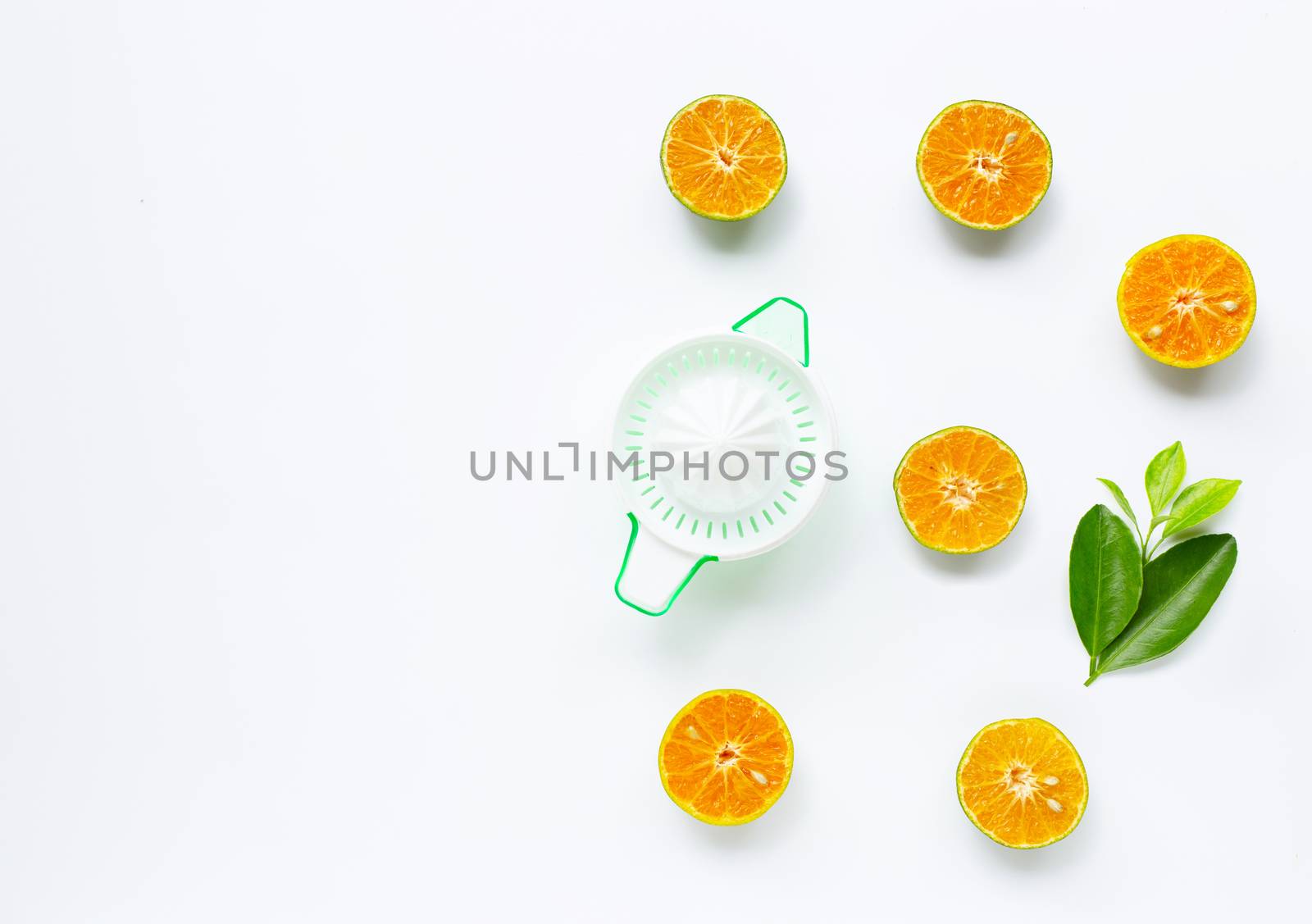Citrus orange juicer with oranges fruit on white background.