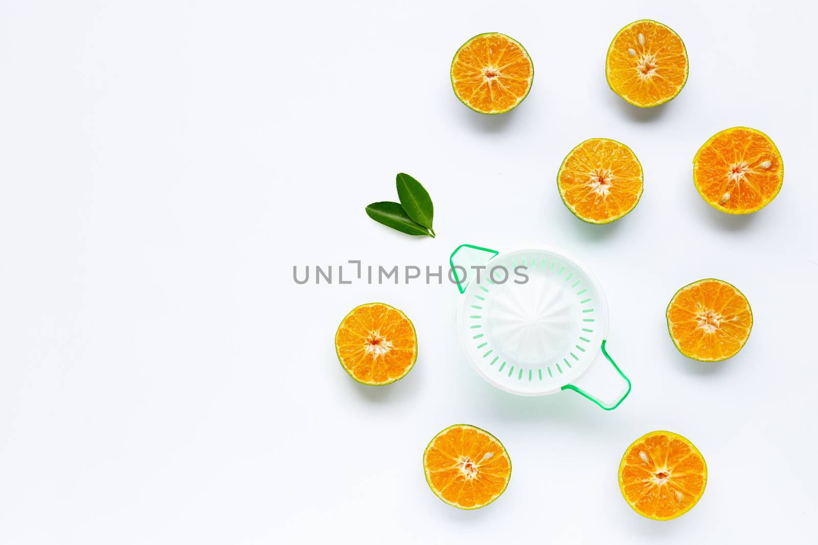 Citrus orange juicer with oranges fruit on white background.