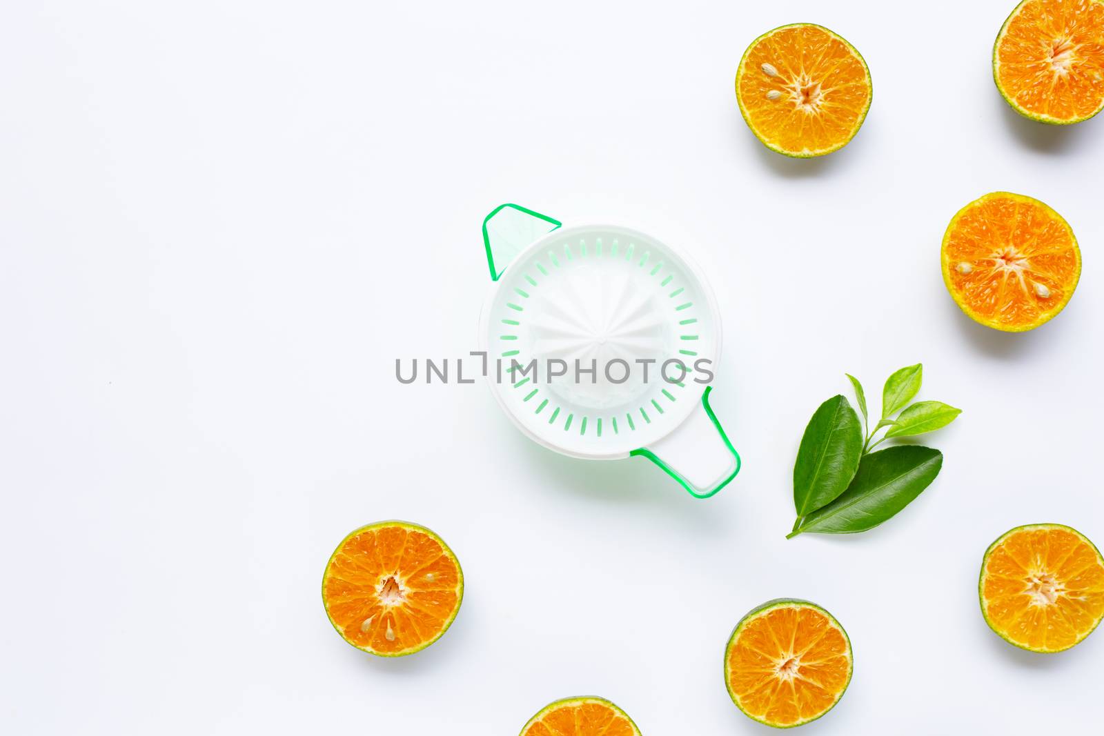Citrus orange juicer with oranges on white background. 