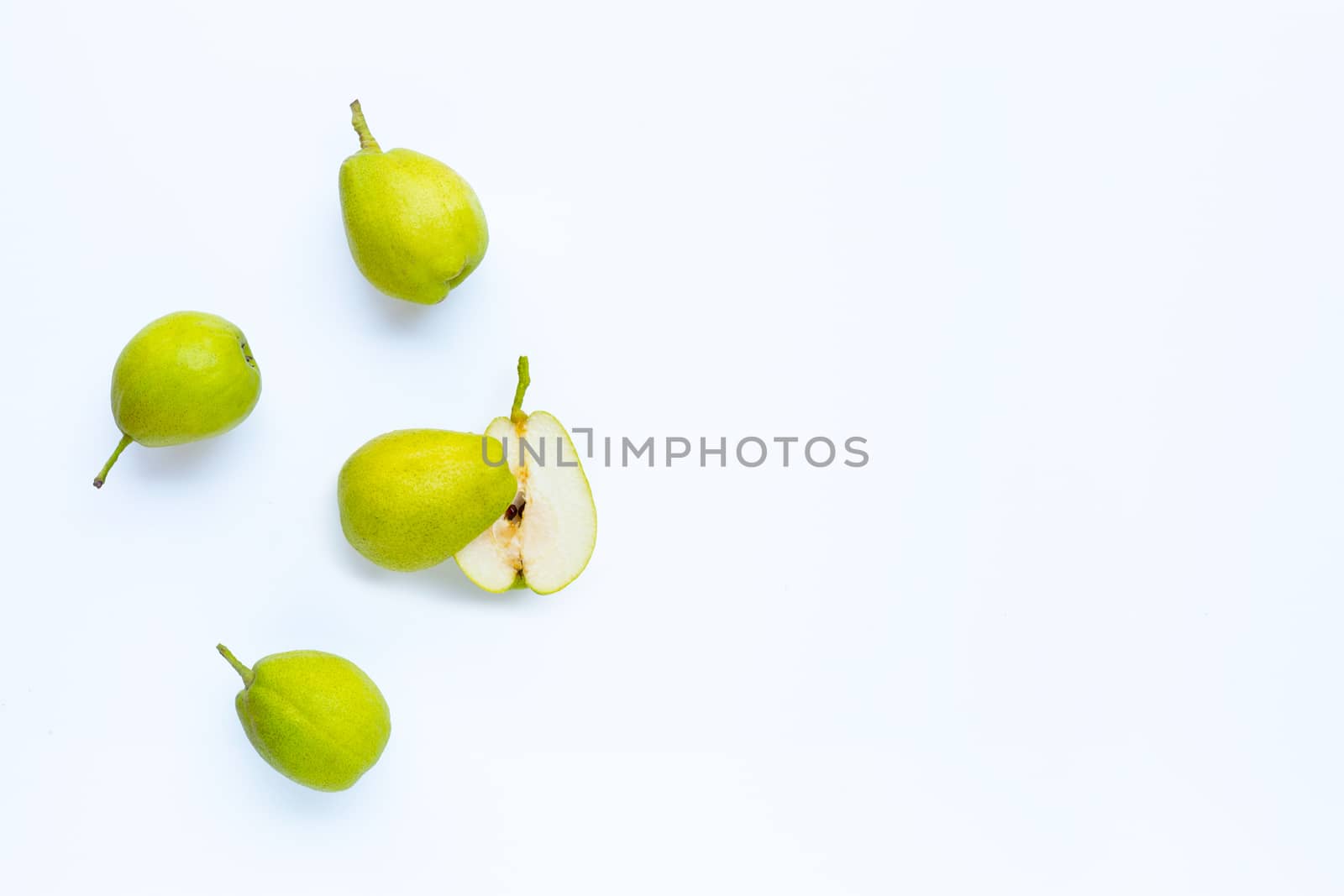 Ripe pears isolated on white background. Copy space