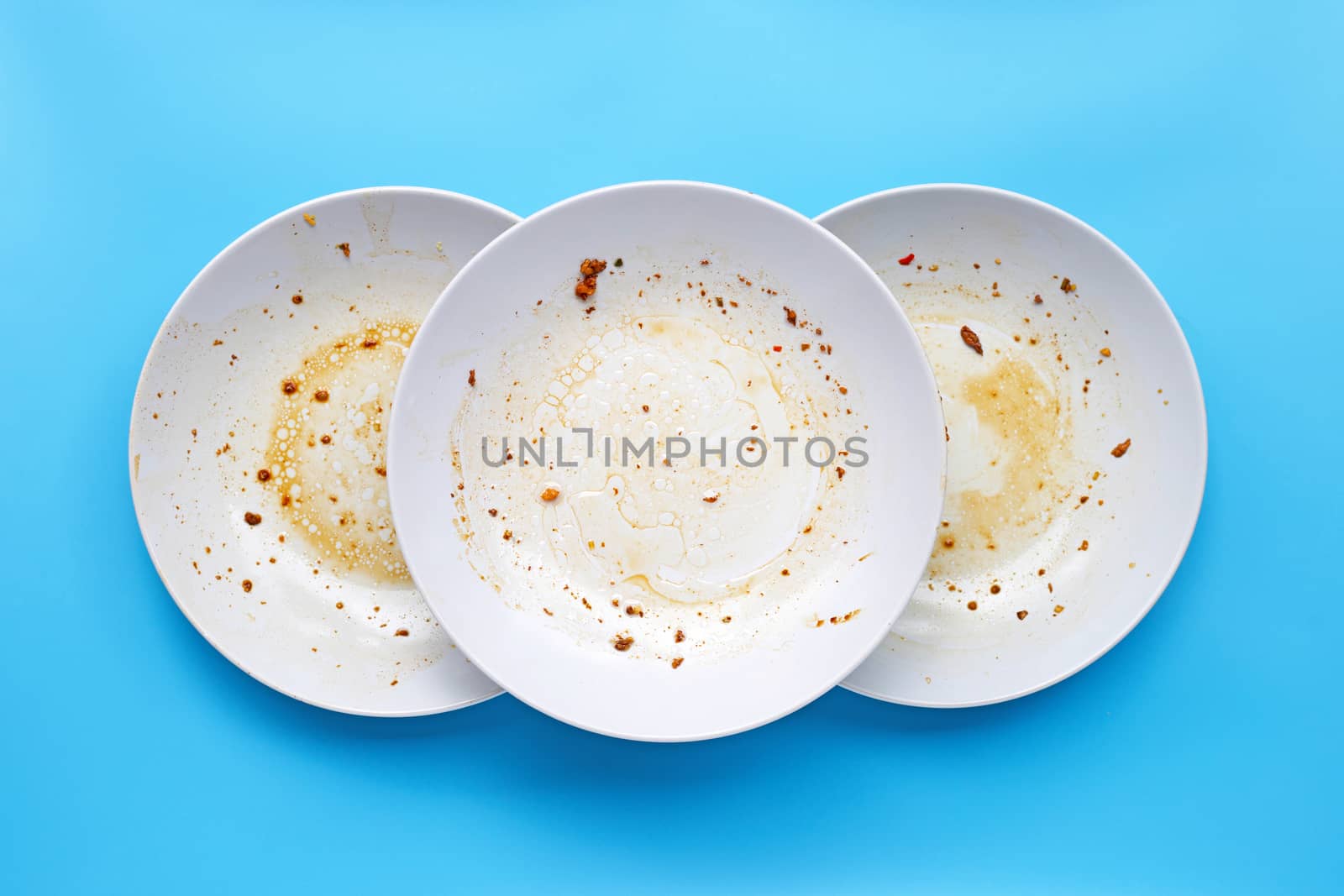 Dirty dishes on white background. Top view
