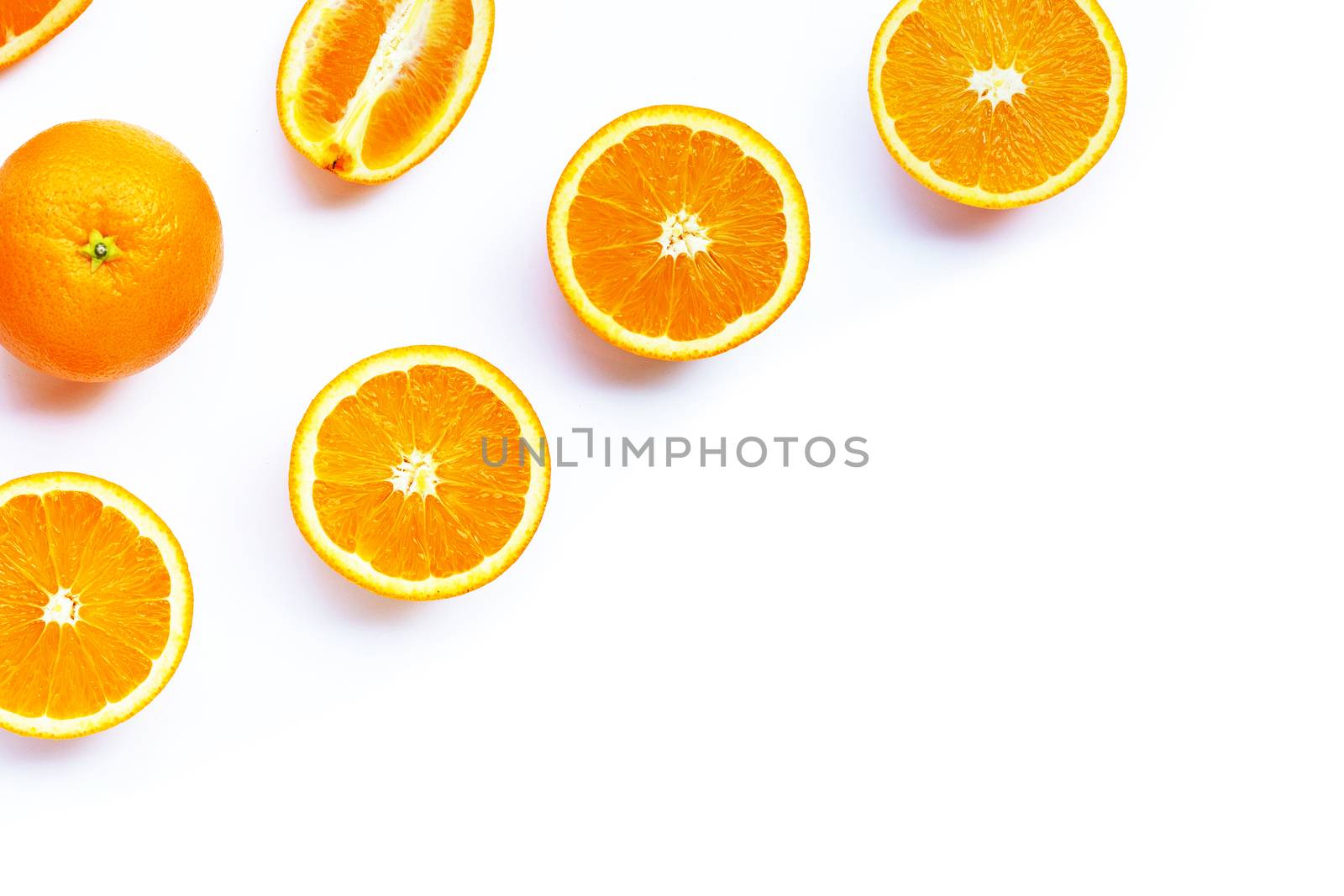 High vitamin C, Juicy and sweet. Fresh orange fruit on white background.