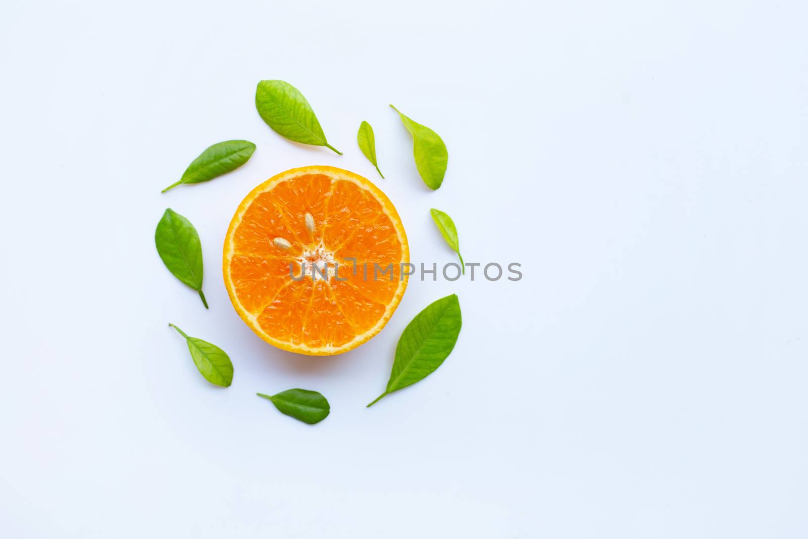 High vitamin C. Fresh orange citrus fruit with leaves isolated on white background. Copy space