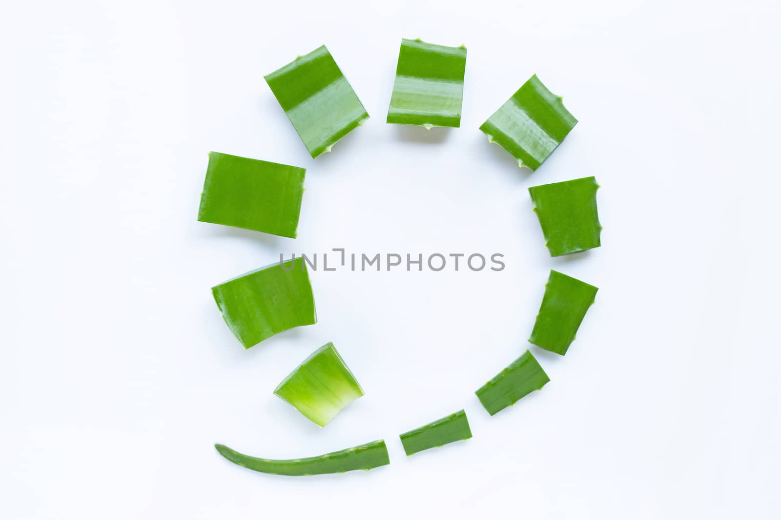 Aloe vera is a popular medicinal plant for health and beauty, on white background. Frame and copy space