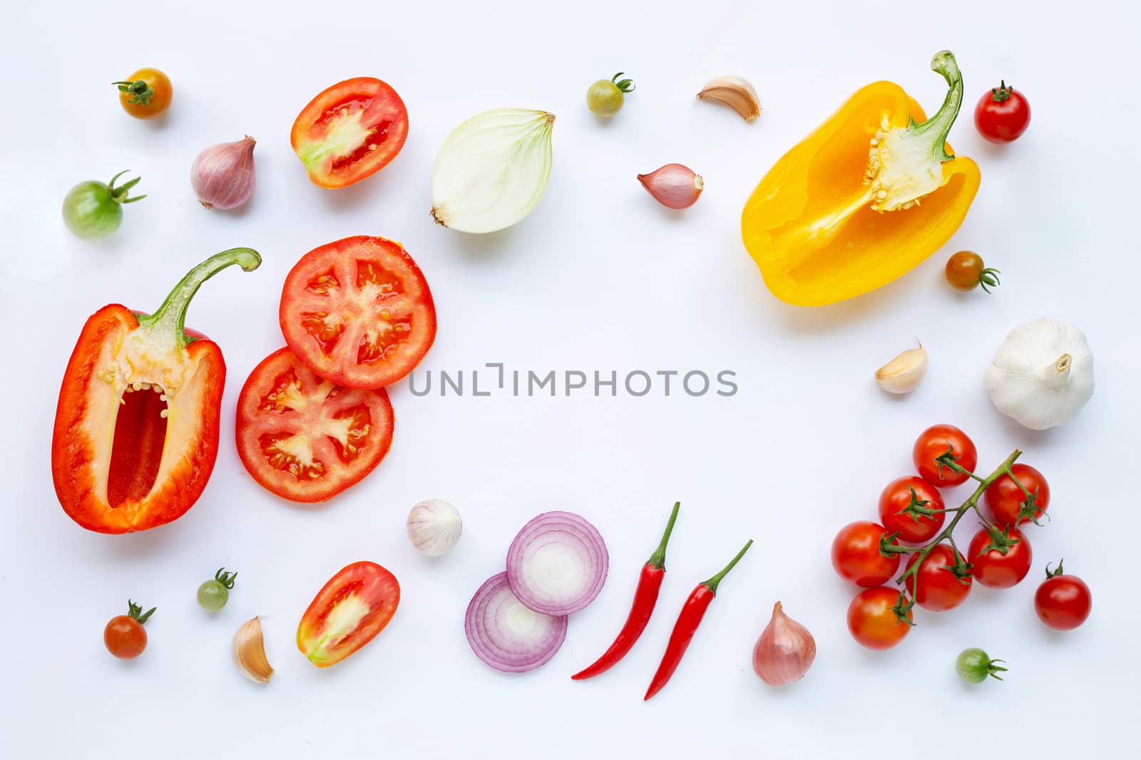 Various fresh vegetables and herbs on white background. Healthy eating concept