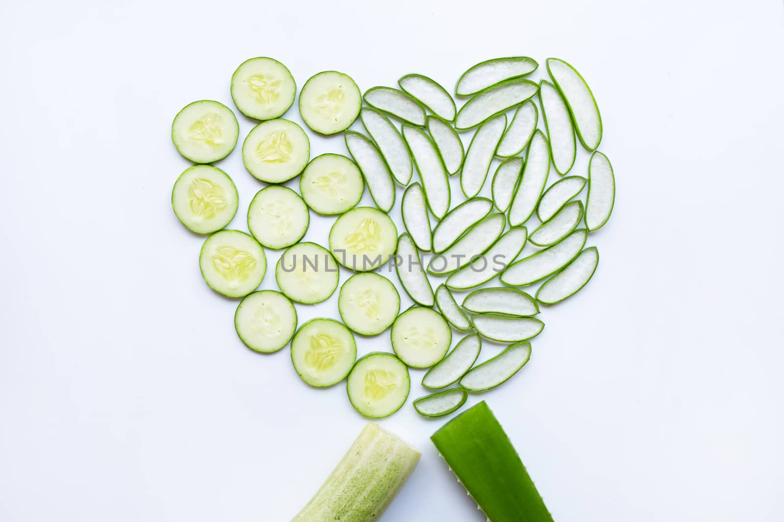 Good skin care and healthy with natural ingredients aloe vera and cucumbers isolated on white background.