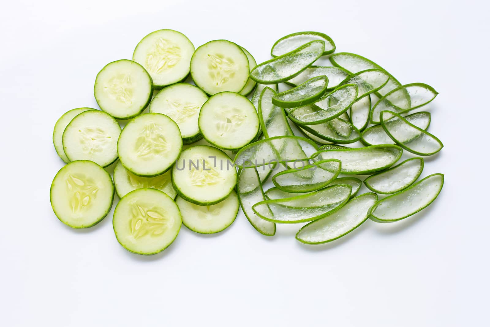 Good skin care and healthy with natural ingredients aloe vera and cucumbers isolated on white background.