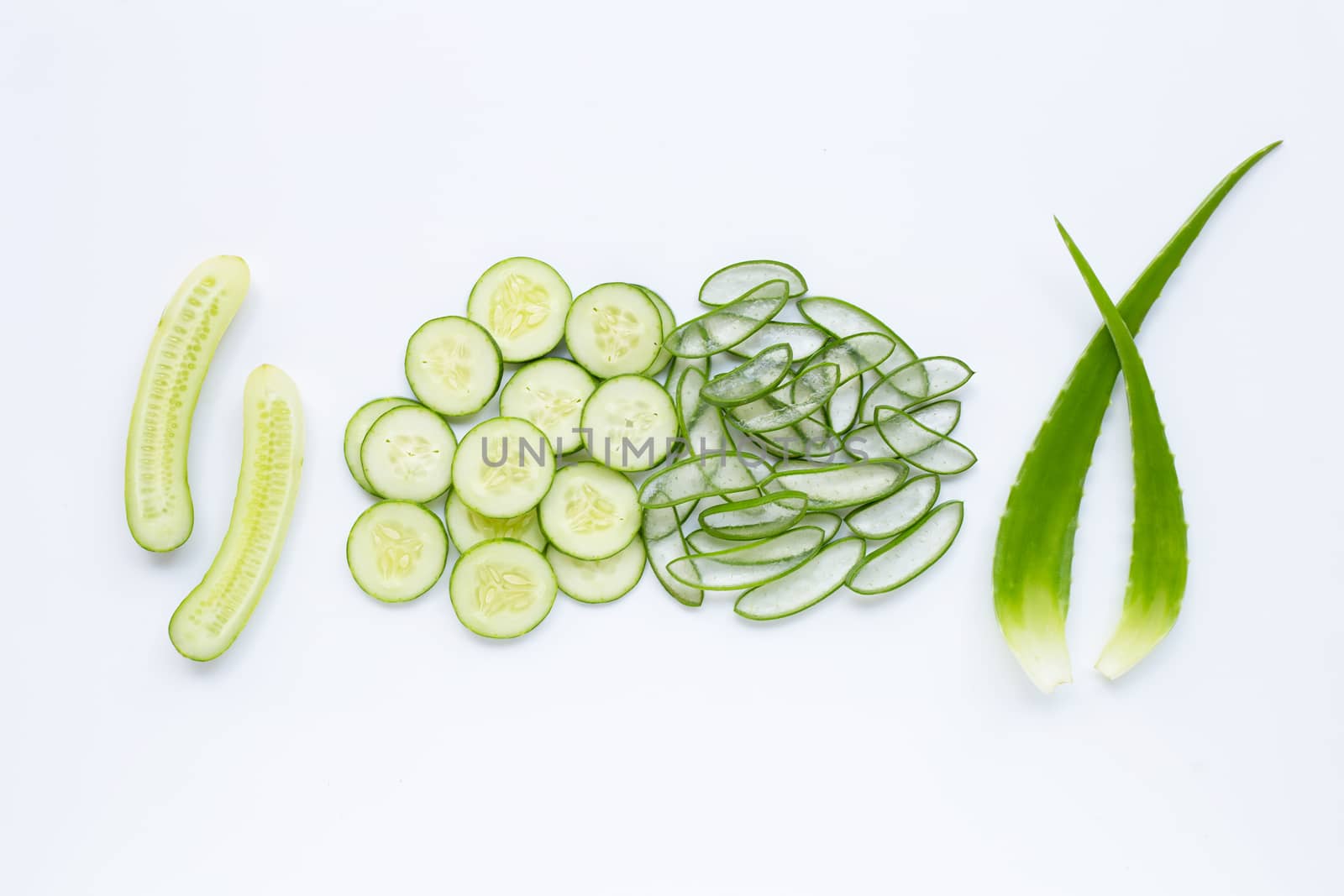 Good skin care and healthy with natural ingredients aloe vera and cucumbers isolated on white background.