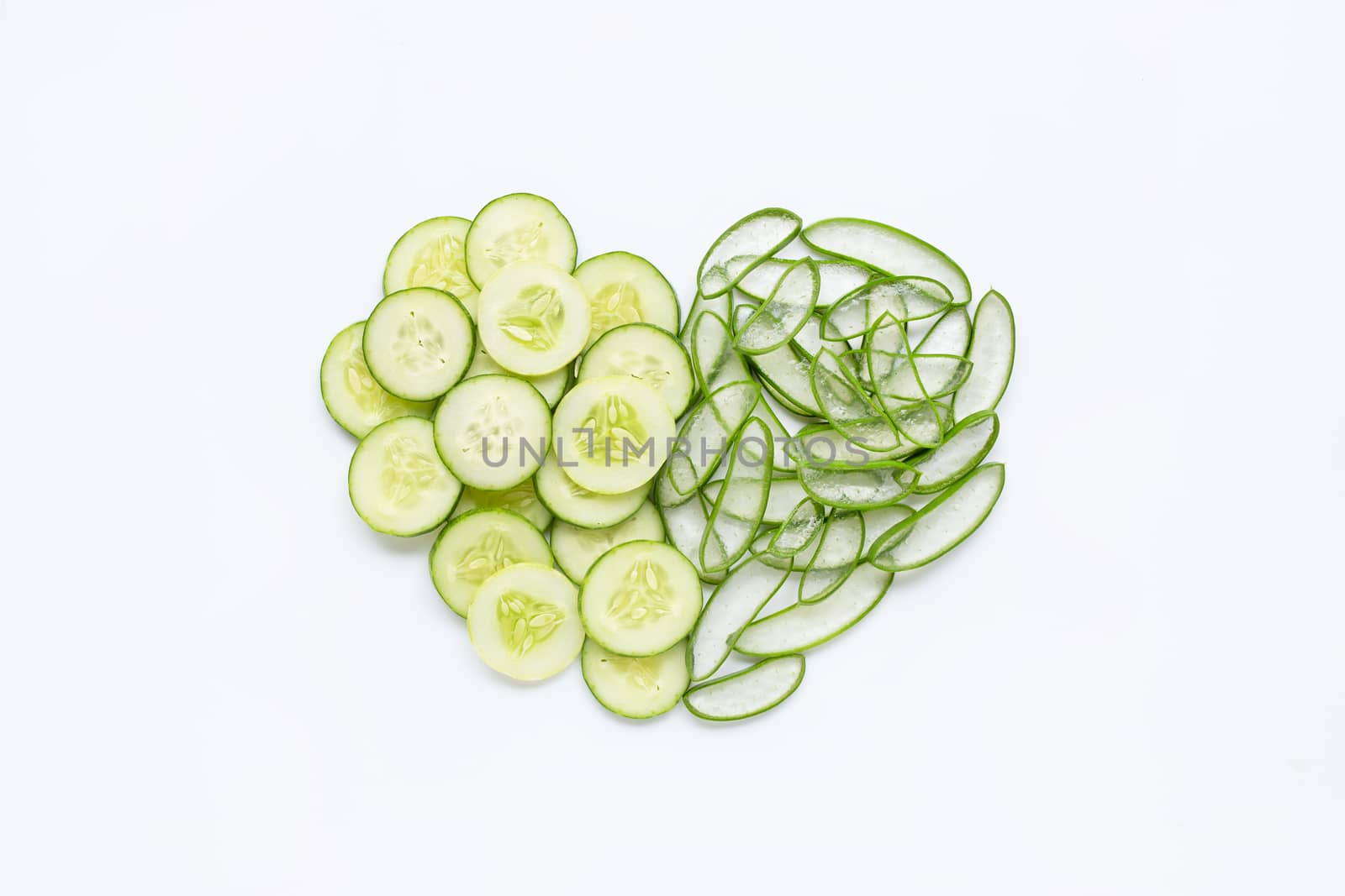 Good skin care and healthy with natural ingredients aloe vera and cucumbers isolated on white background.