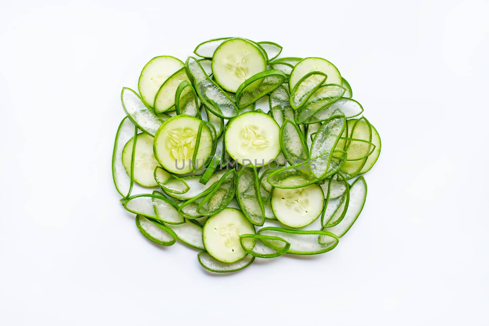 Aloe vera and cucumbers isolated on white background