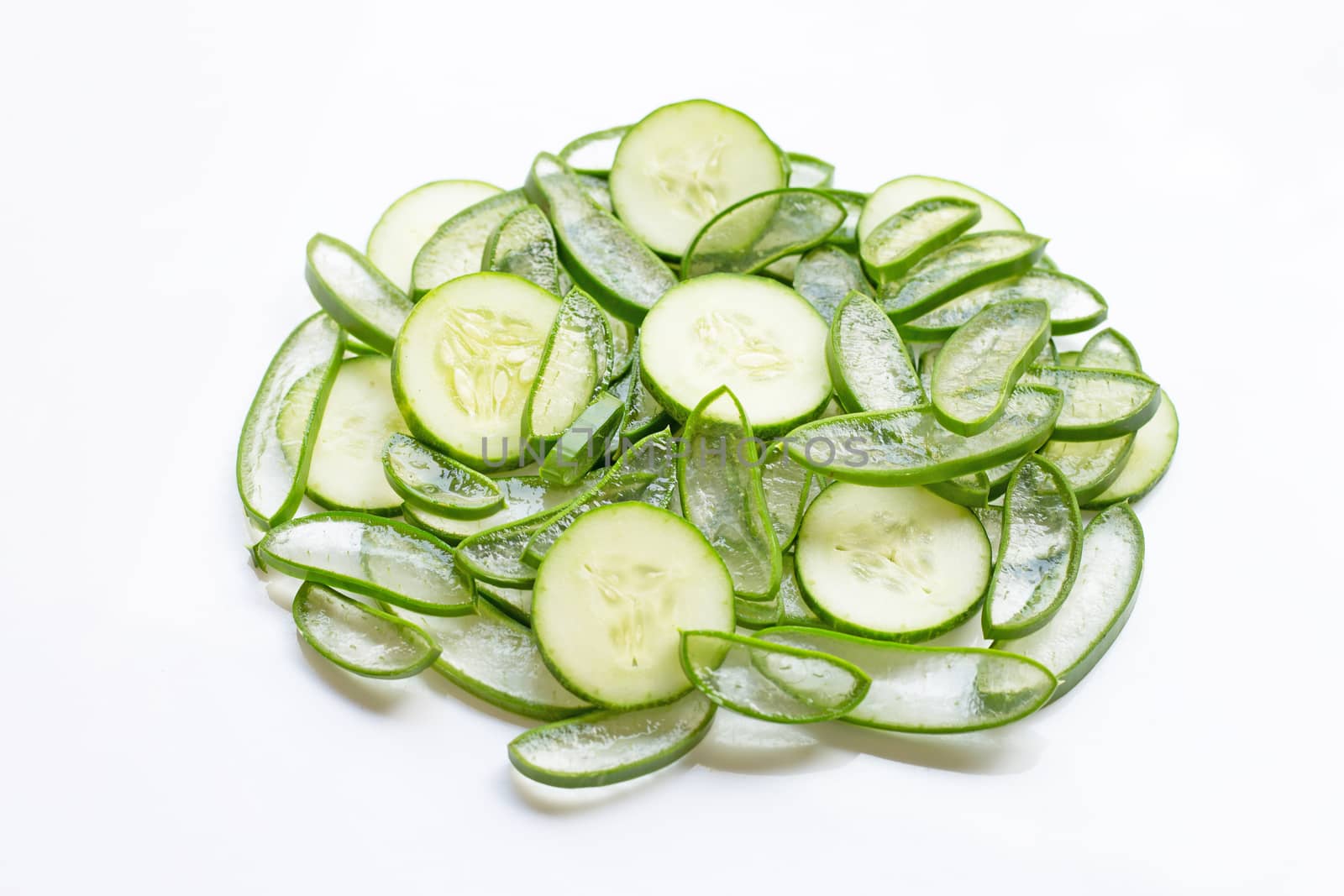 Good skin care and healthy with natural ingredients aloe vera and cucumbers isolated on white background.