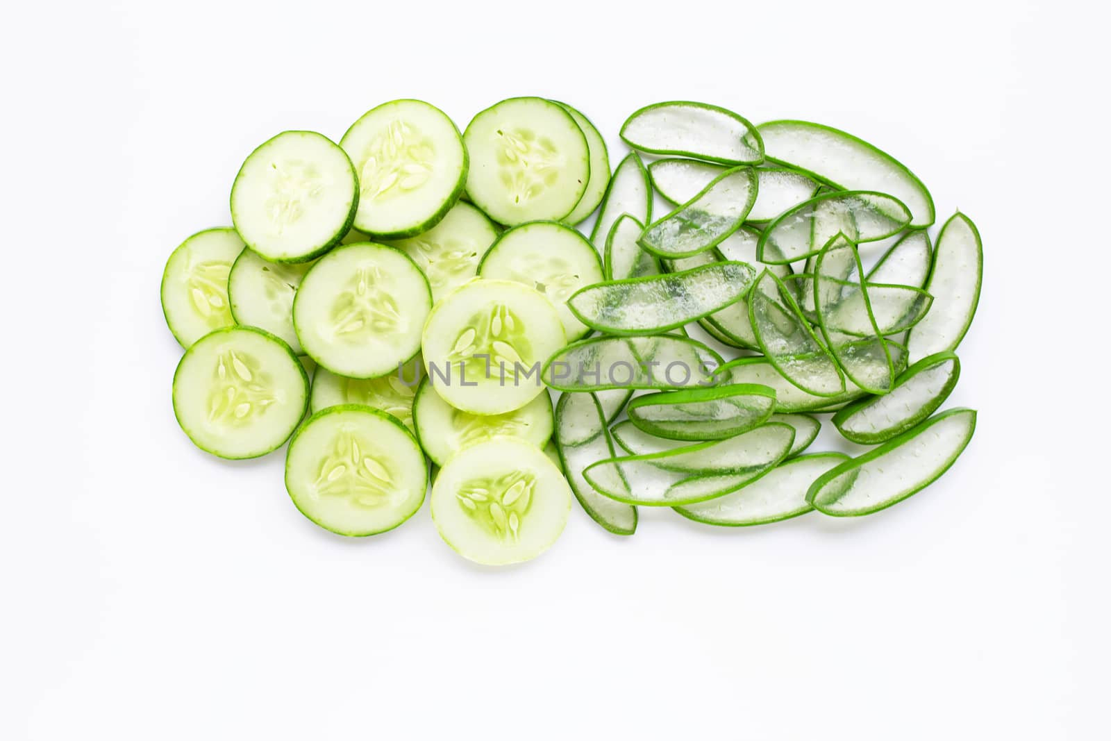 Good skin care and healthy with natural ingredients aloe vera and cucumbers isolated on white background.