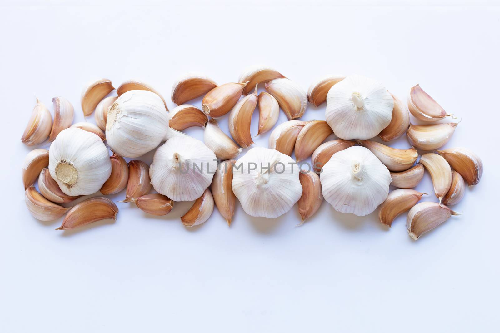 Garlic on white background. Top view