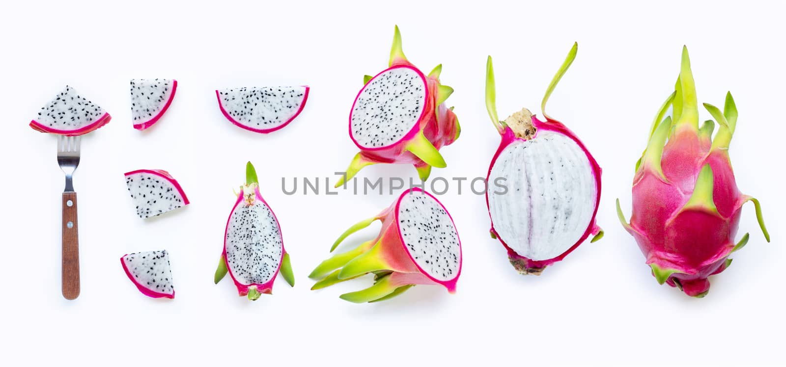 Set of dragon fruit, pitaya isolated on white background.