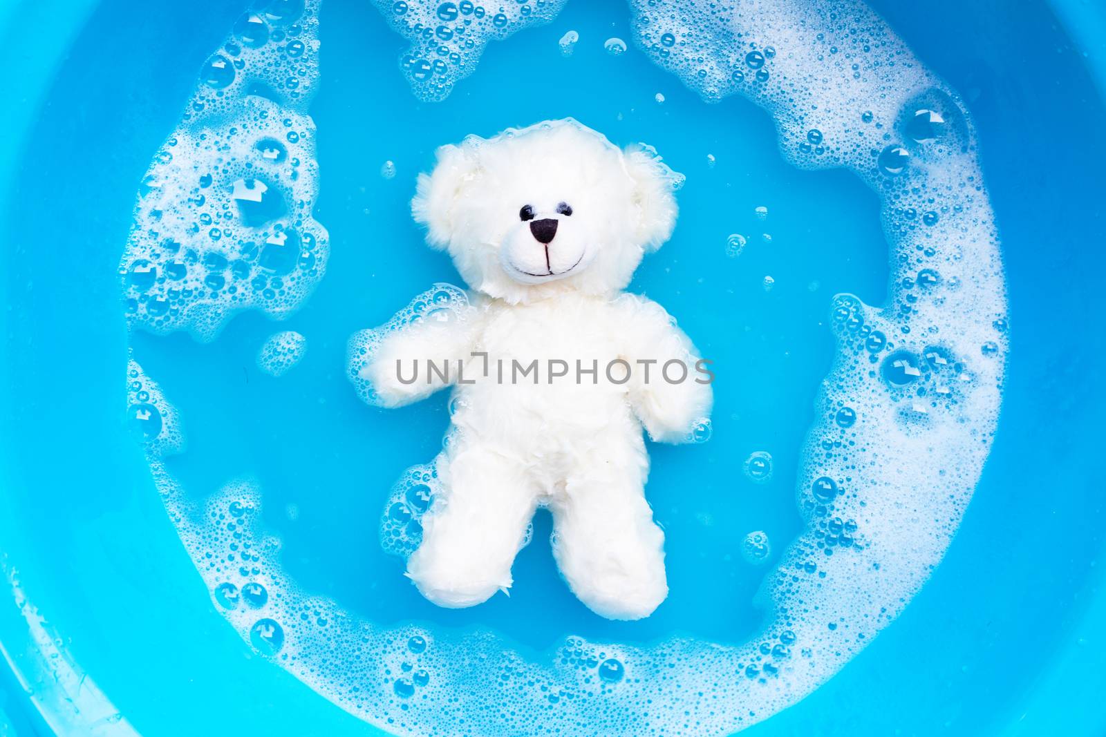 Soak toy bear in laundry detergent water dissolution before washing.  Laundry concept, Top view