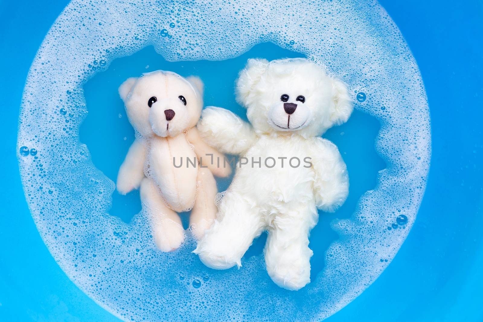 Soak  two toy bears in laundry detergent water dissolution before washing.  Laundry concept, Top view